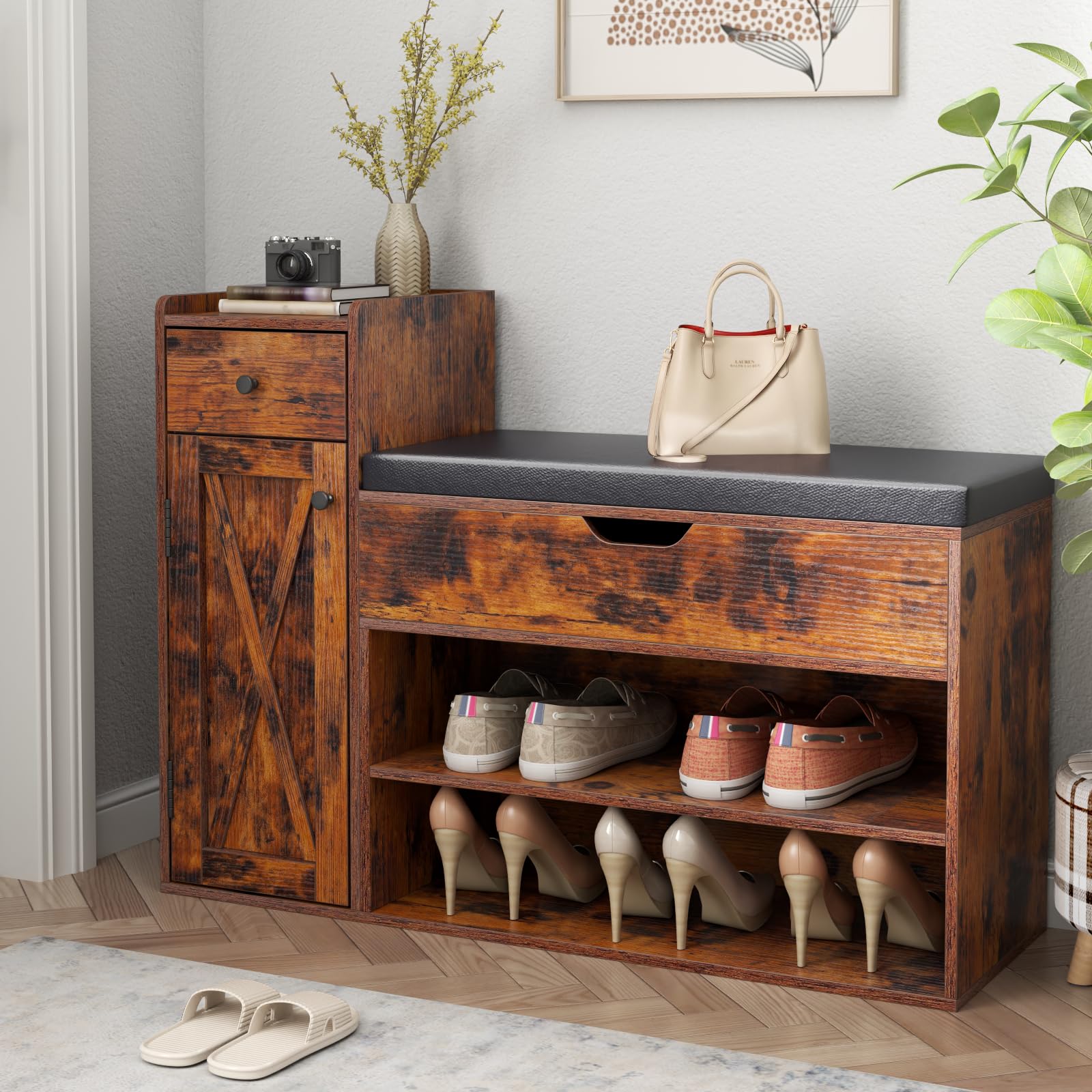 Loomie 2-Tier Shoe Storage Bench with Lift Top, Drawer & Removable Cushion - Farmhouse Entryway Bench, Slim Shoe Rack Cabinet for Hallway, Bedroom, Living Room - Vintage Brown - Perfect for Small Spaces & Home Organization
