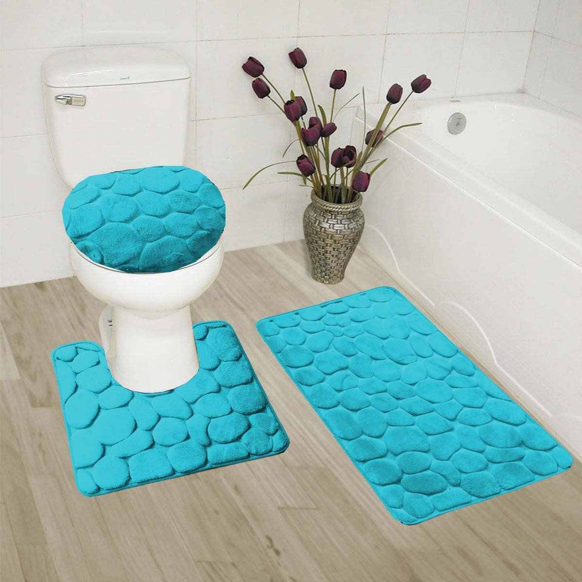GorgeousHome 3-Piece Rock Embossed Carved Bathroom Set - Non-Slip Bath Mat, Contour Rug & Toilet Lid Cover with Rubber Backing (Turquoise) | Modern Bathroom Decor for Home & Guest Bath