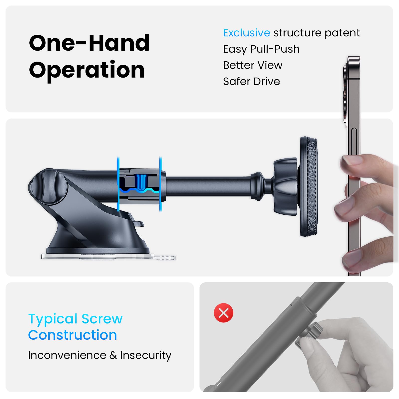 APPS2Car Magnetic Phone Car Mount - Dashboard & Windshield Car Phone Holder with Industrial-Strength Suction Cup, 6 Strong Magnets & Adjustable Telescopic Arm (Metal Sticker Included) - Perfect for Hands-Free Navigation, GPS Tracking & Safe Driving