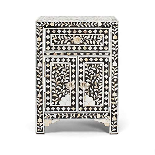 Handmade Antique Mother of Pearl Nightstand - Vintage Floral Black Bedside Table with 2 Drawers - Elegant Home Decor for Bedroom, Living Room & Guest Room | Fairdeal Handicrafts