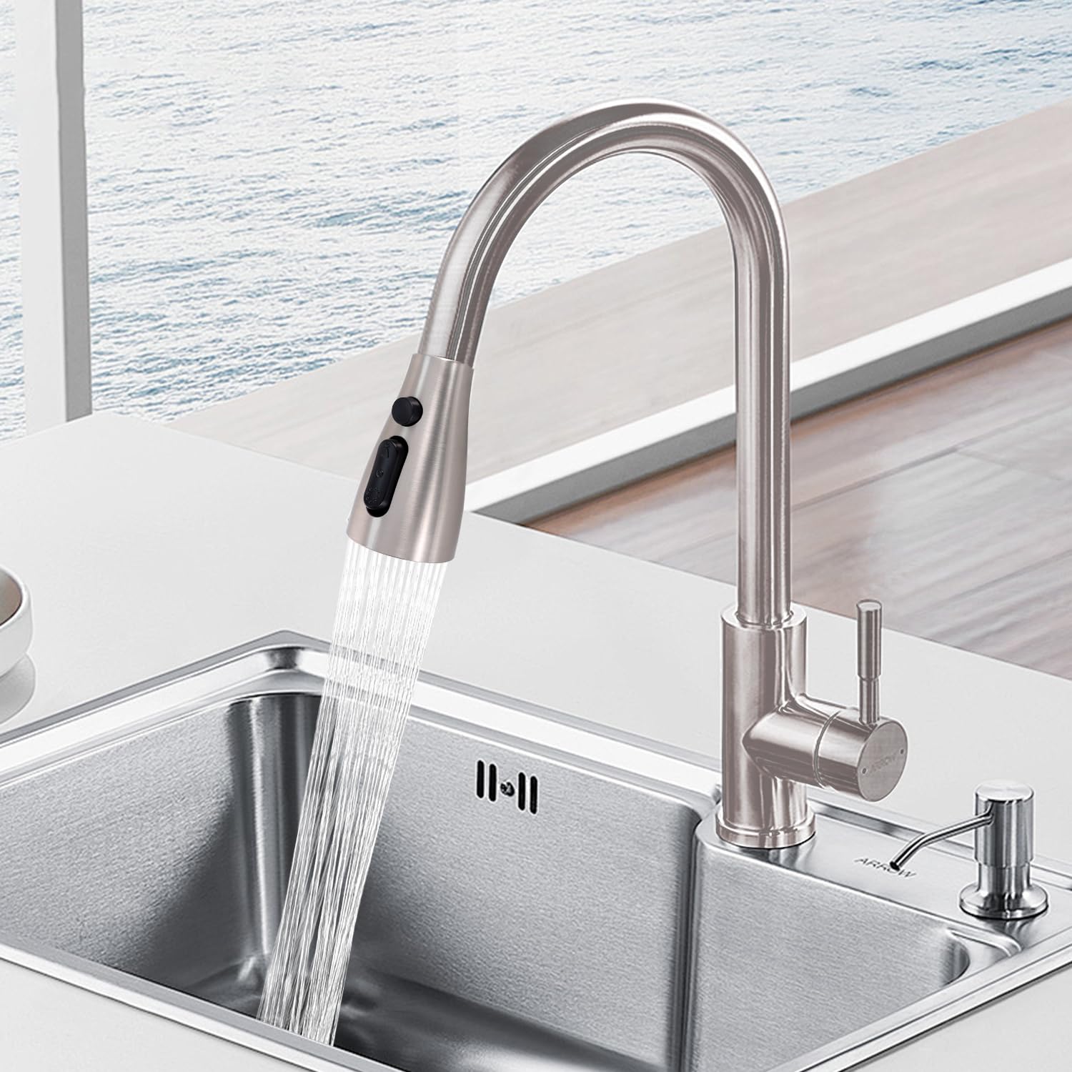 4 Function Kitchen Sink Faucet Replacement Nozzle with 11 Adapters - Durable, Efficient, Easy to Install, Nickel Finish for Multiple Faucets - Perfect for Home Kitchen Upgrades and Repairs