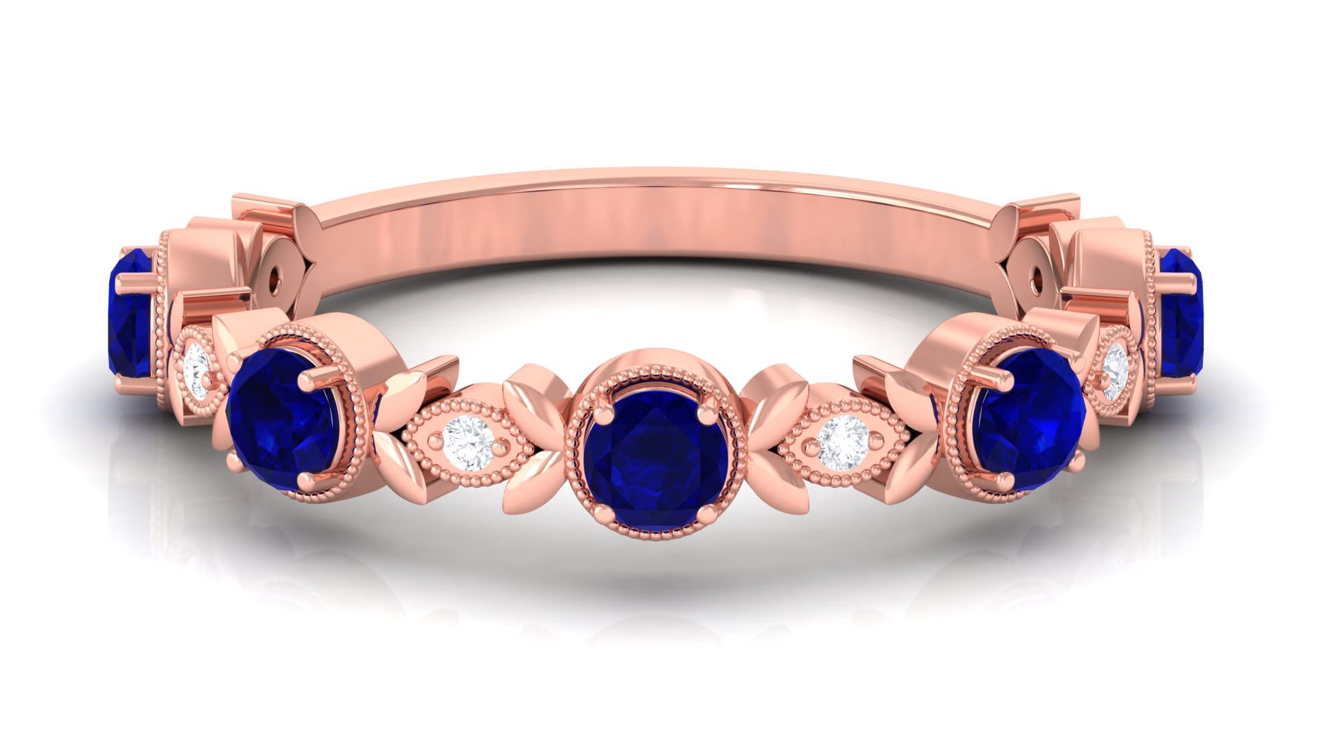 Rosec Jewels 3/4 CT Blue Sapphire and Diamond Ring in 14K Solid Gold - Floral Inspired Half Eternity Band with Beaded Detailing for Weddings, Anniversaries & Special Occasions