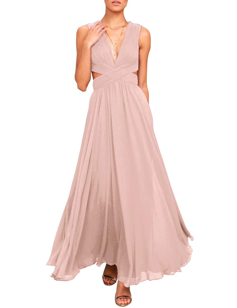 JAEDEN Elegant Long Chiffon Prom Dress with Open Back - Dusty Rose Evening Gown for Homecoming, Formal Parties & Special Occasions