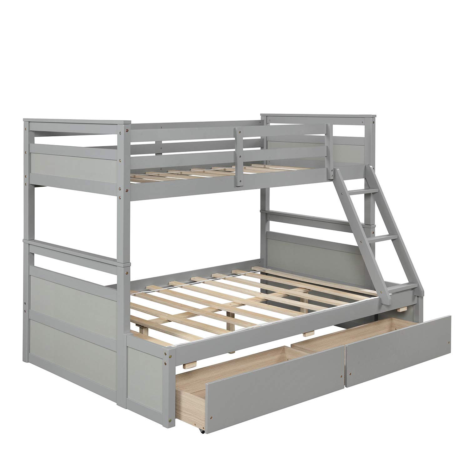 SOFTSEA Twin Over Full Bunk Bed with Storage Drawers - Sturdy Wooden Bunk Bed Frame with Safety Ladder & Guardrails for Kids & Teens - Converts to 2 Separate Beds (Grey) - Perfect for Small Bedrooms, Guest Rooms & Kids' Shared Spaces - No Box Spring Required