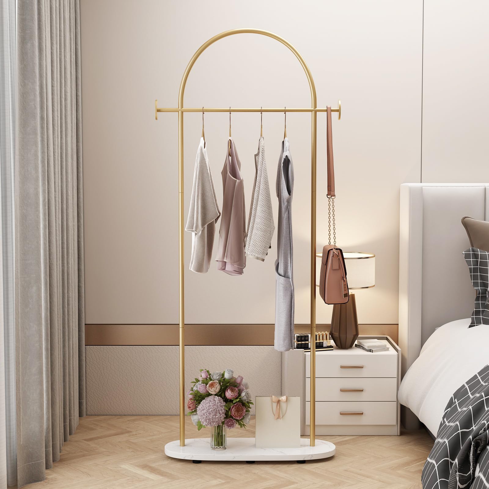 Stylish Gold Clothing Rack with Shelf - Heavy Duty Freestanding Coat Rack for Boutique, Office & Home - Modern Metal Garment Hanger Stand with Multiple Hooks - Perfect for Closet Organization, Retail Display & Bedroom Storage