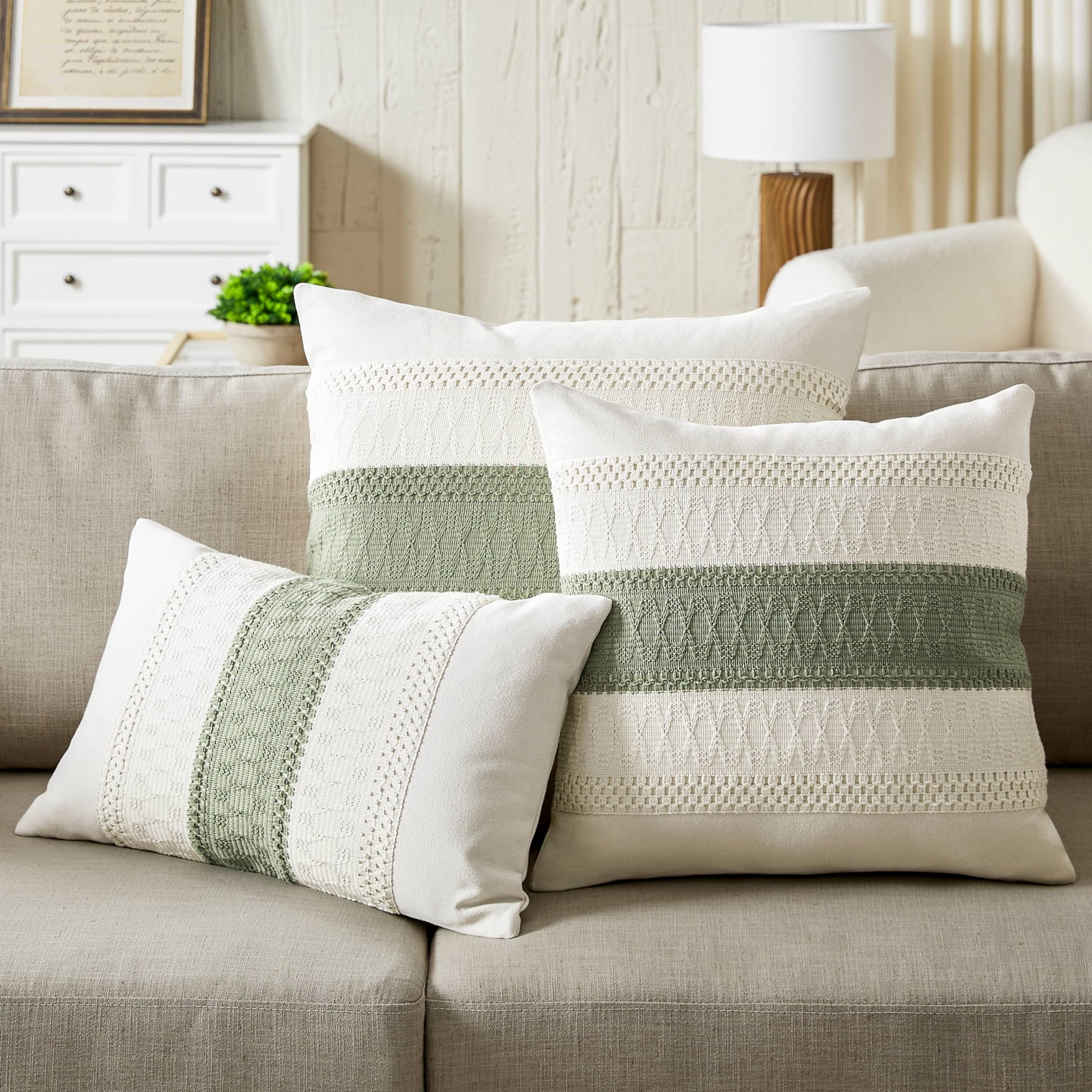 ZeeMart 2 Pack Cotton Boho Throw Pillow Covers 18x18 Inch - Sage Green & Contrast Green Farmhouse Decorative Cushion Covers for Sofa, Bed, Living Room - Soft & Stylish Home Decor for Cozy Boho Chic Interiors
