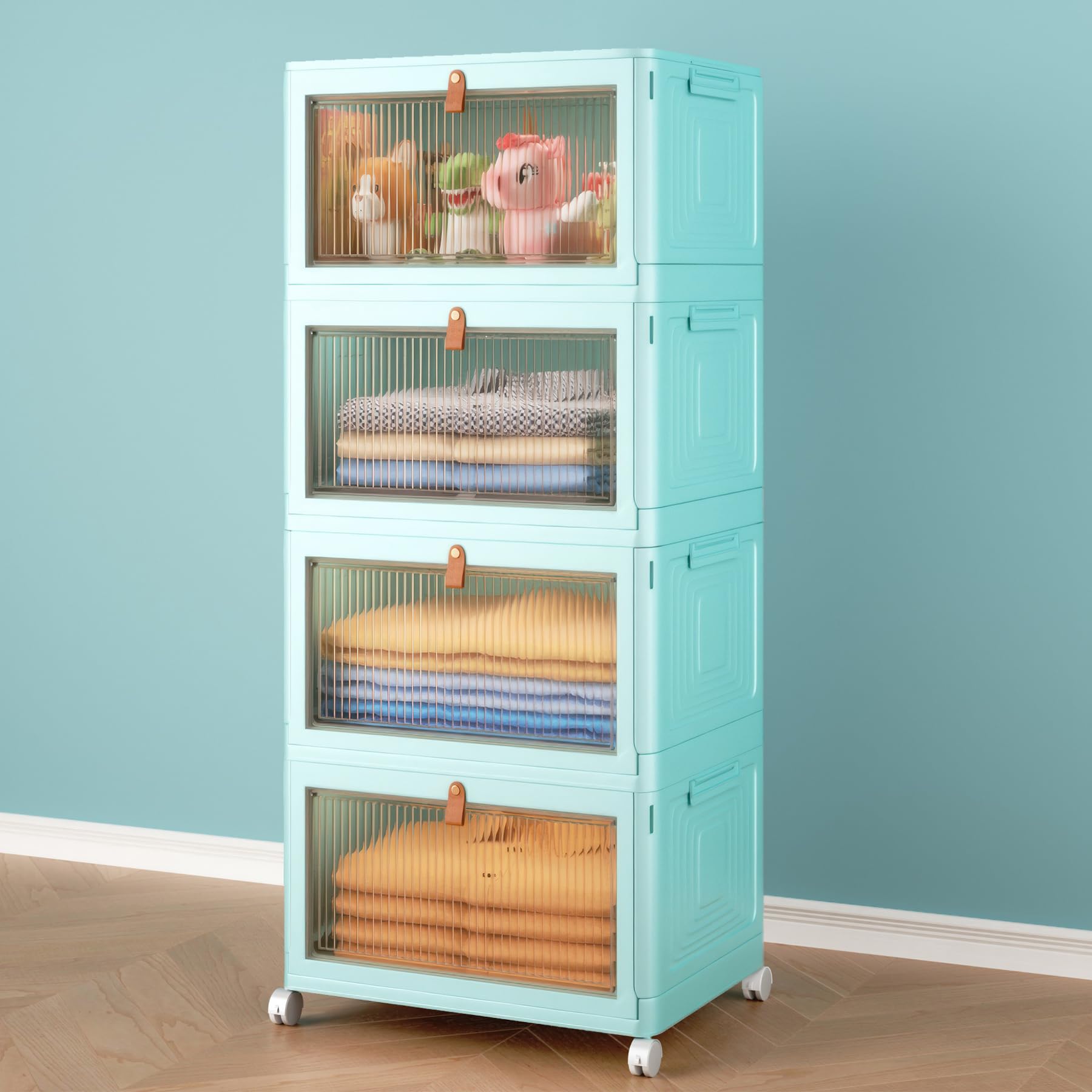 4-Tier Stackable Plastic Storage Bins with Lids & Wheels - 23 QT Foldable Organizing Containers for Closet, Pantry, Craft Room, Dorm & Home - Space-Saving Storage Solution for Clothes, Toys, Office Supplies & Seasonal Items