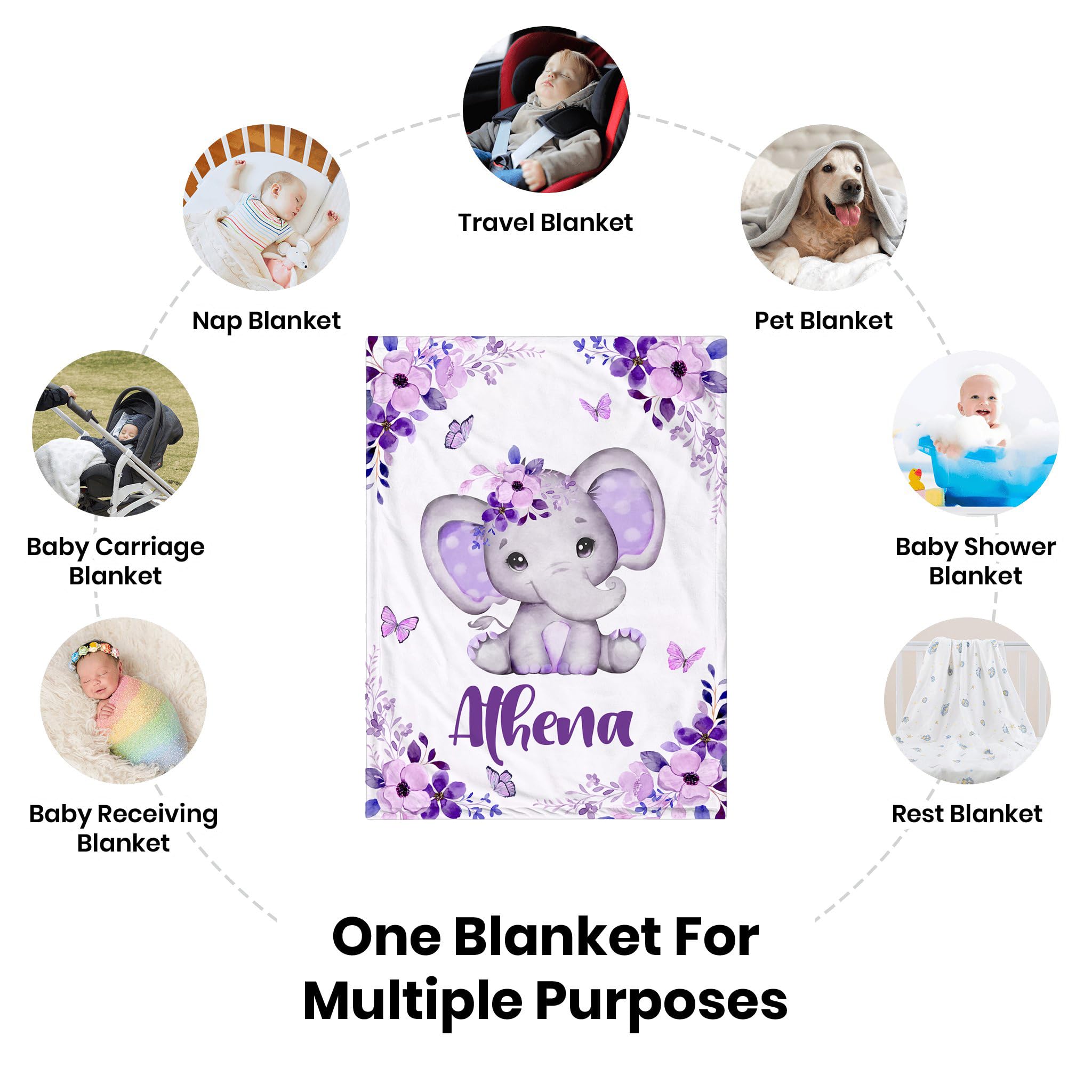 Personalized Baby Blankets for Girls & Boys - Custom Name Baby Blanket | Ultra Soft Elephant Blanket Gift for Newborns, Infants & Kids | Perfect for Nursery, Christening & Birthday Presents