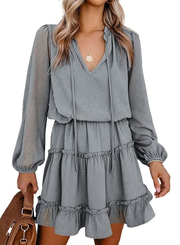 Dokotoo Women's 2024 Summer Spring Split V-Neck Ruffle Chiffon Elegant Mini Short Skirt Dress - Perfect for Beach Vacations, Date Nights & Casual Outings