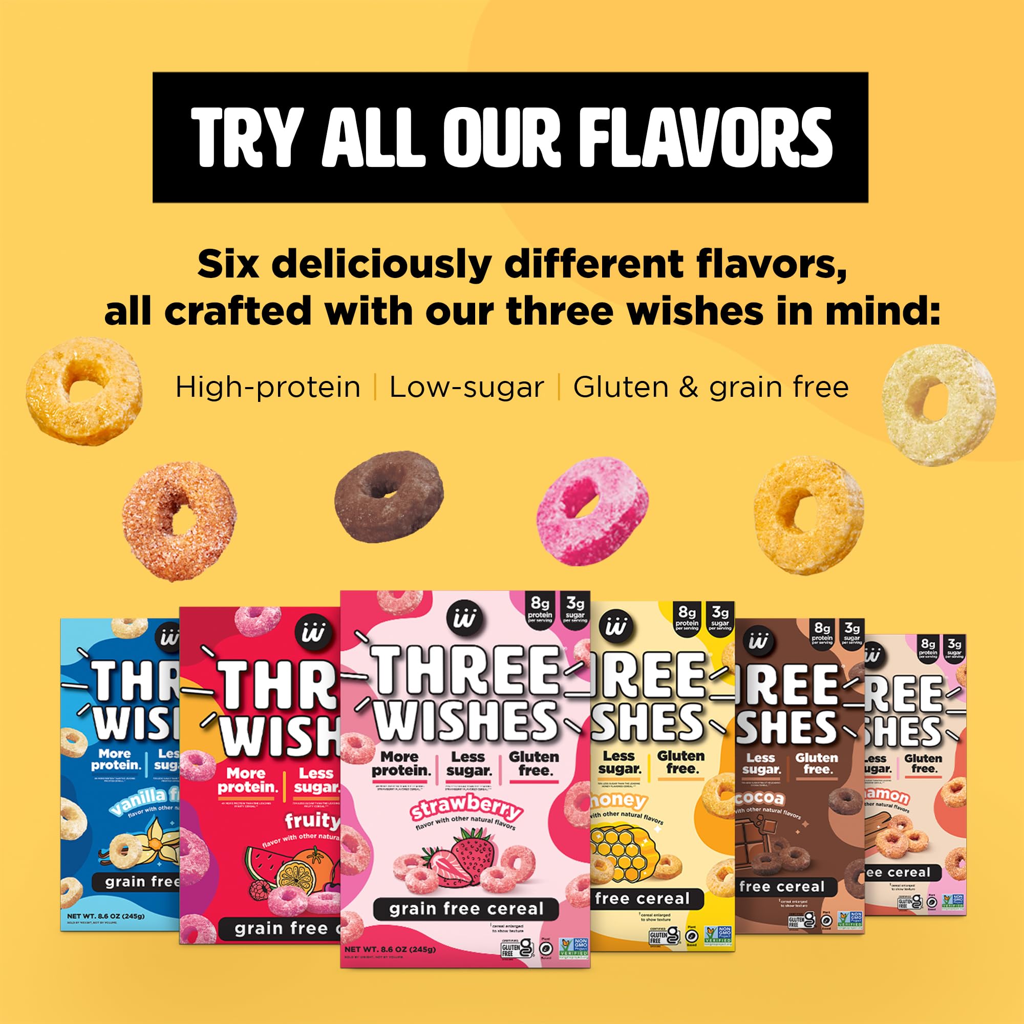 Three Wishes Protein & Gluten-Free Breakfast Cereal Variety Pack (6 Pack) - High Protein Low Sugar Snack - Kosher Vegan Certified - Frosted, Fruity, Cocoa, Strawberry, Honey Cinnamon Flavors - Perfect for Healthy Breakfast, Office Snacks & Kids Lunchboxes