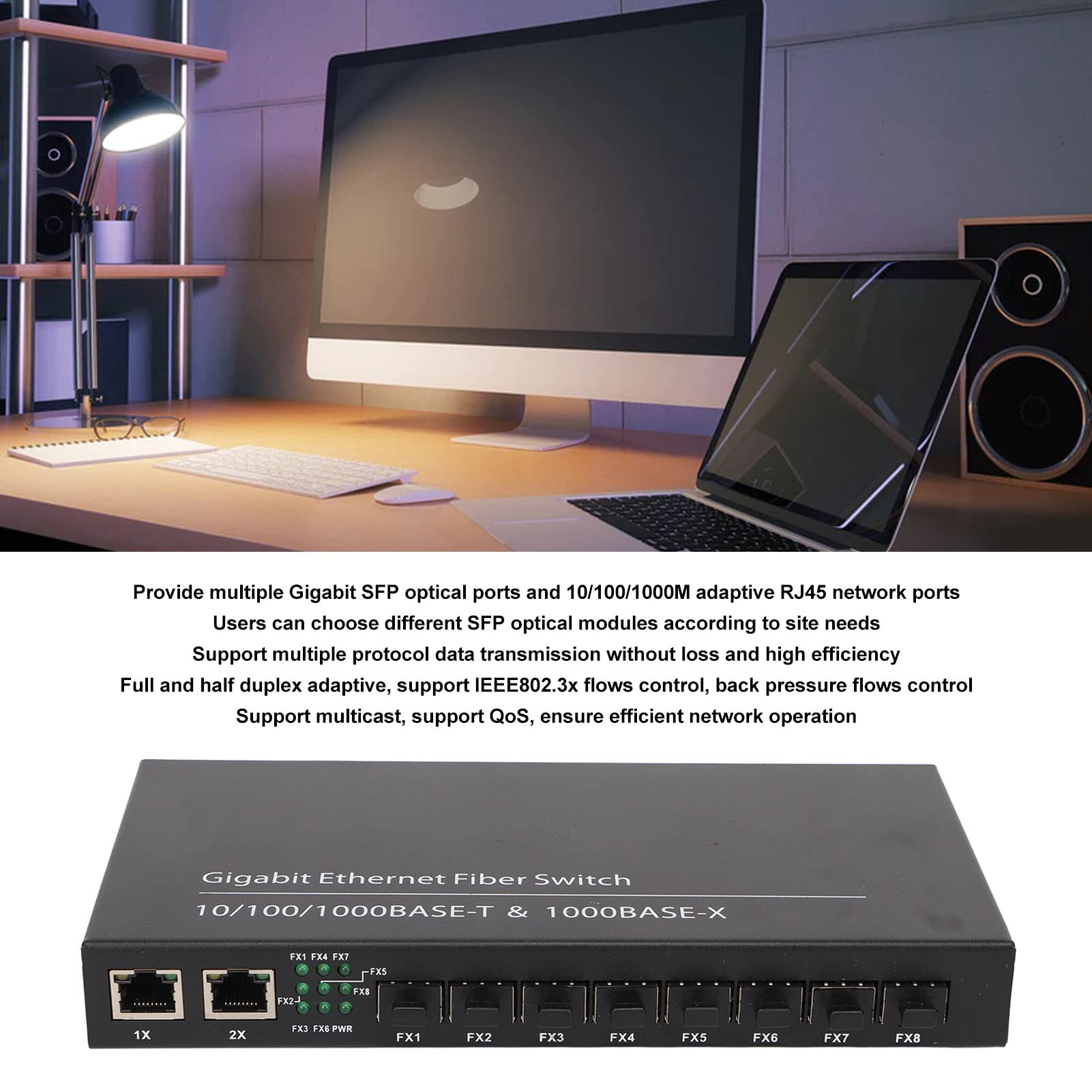 8-Port Gigabit Ethernet Fiber Switch with 2 RJ45 Ports & SFP Slots - 120km Transmission, High-Speed Fiber Media Converter for Efficient Networking | Ideal for Data Centers, Office Networks & Long-Distance Connectivity