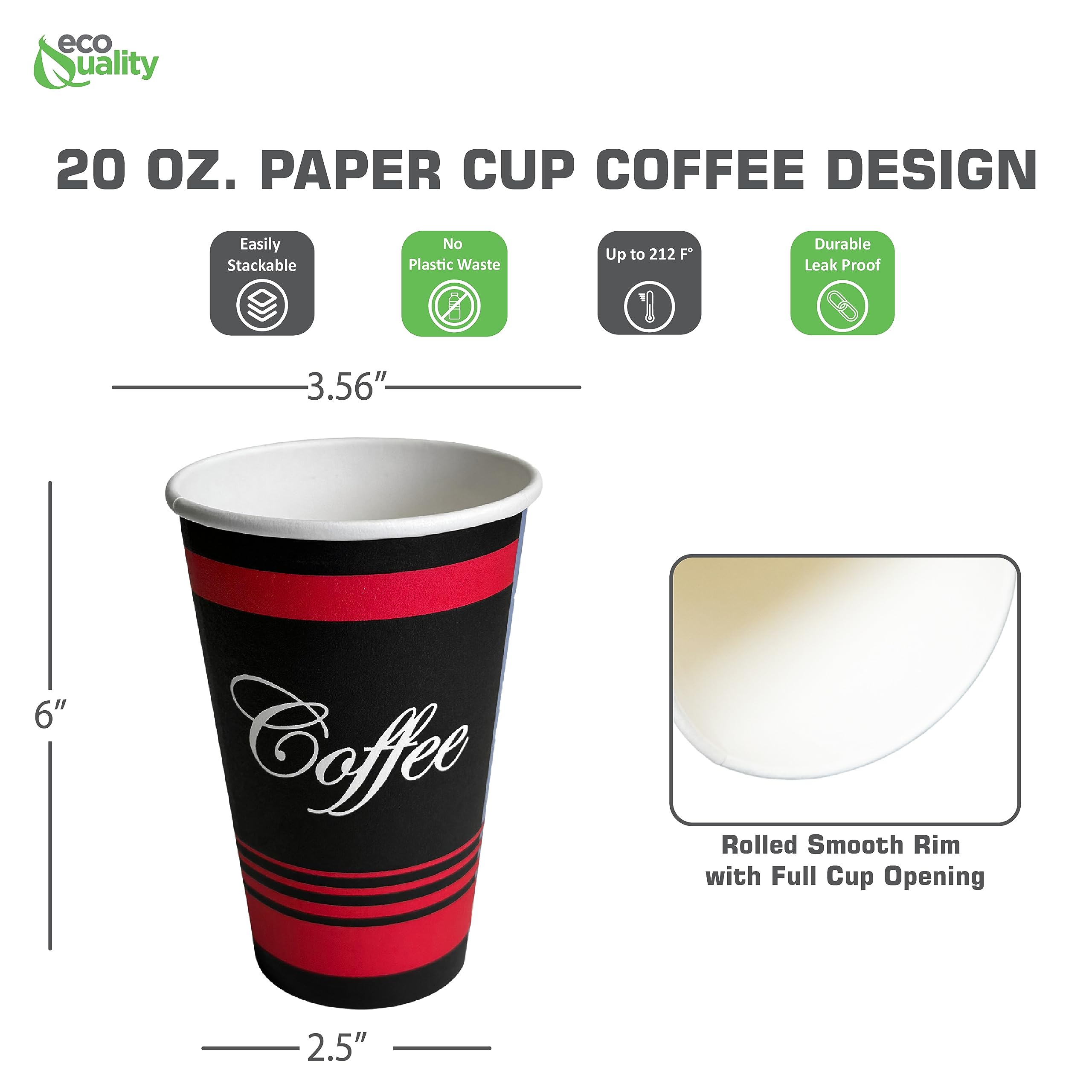 EcoQuality 20 oz Extra Large Paper Cups - Classic Durable Disposable Hot/Cold Drink Cups for Coffee, Tea, Cocoa - Bulk Pack of 400 - Perfect for Travel, Office, Restaurant, Concession Stand & Party Events