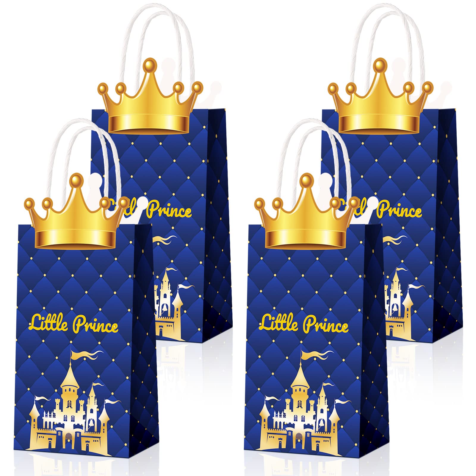 16 Pack Prince Party Favor Bags with Glitter Crowns & Handles - Kraft Paper Goodie Bags for Baby Showers, Birthdays, Royal Themed Parties - Perfect for Treats, Gifts & Party Supplies