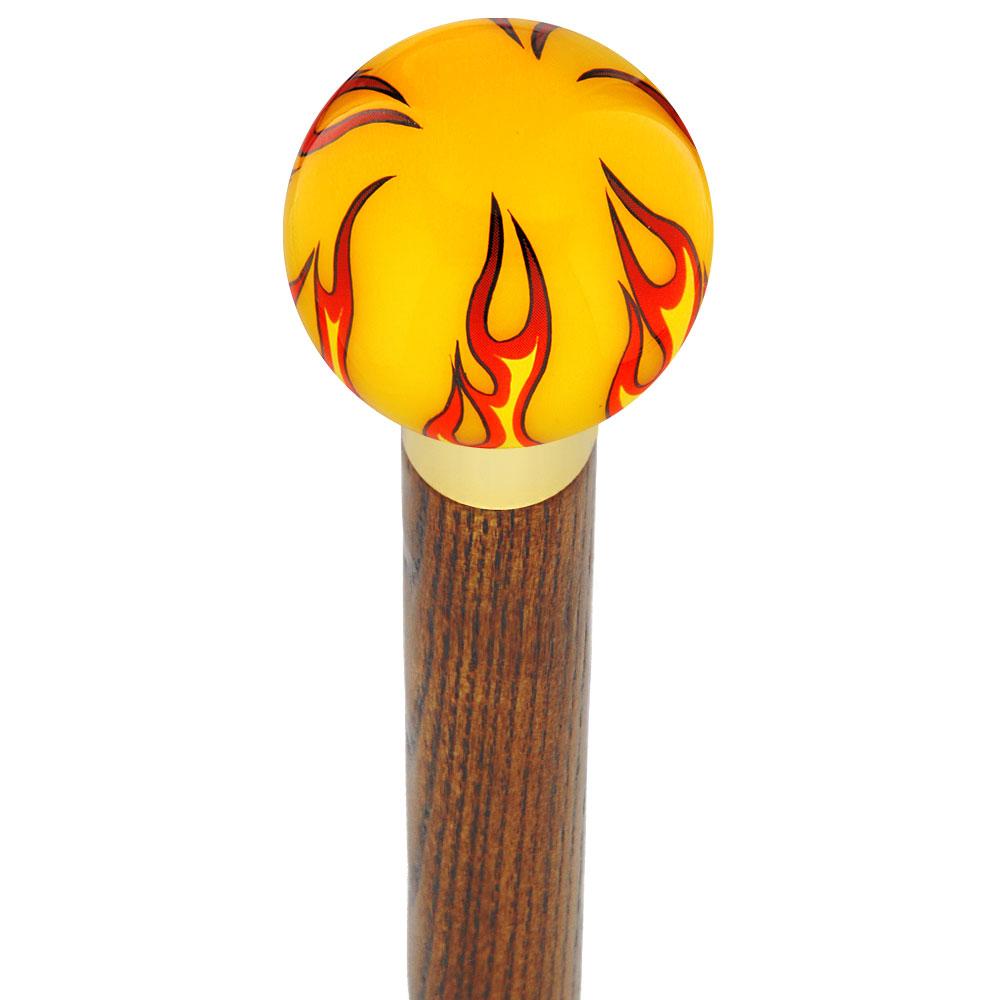 Custom Yellow Round Knob Cane with Ash Wood Shaft & Collar - Flame Design Walking Stick for Seniors & Mobility Support - Perfect for Hiking, Fashion Accessory, and Daily Use