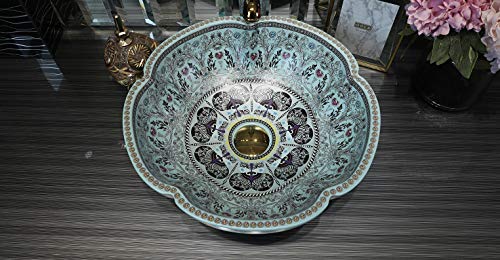 European Style Light Blue Floral Ceramic Vessel Sink - Above Counter Bathroom Vanity Top | Modern Farmhouse & Contemporary Bathroom Decor