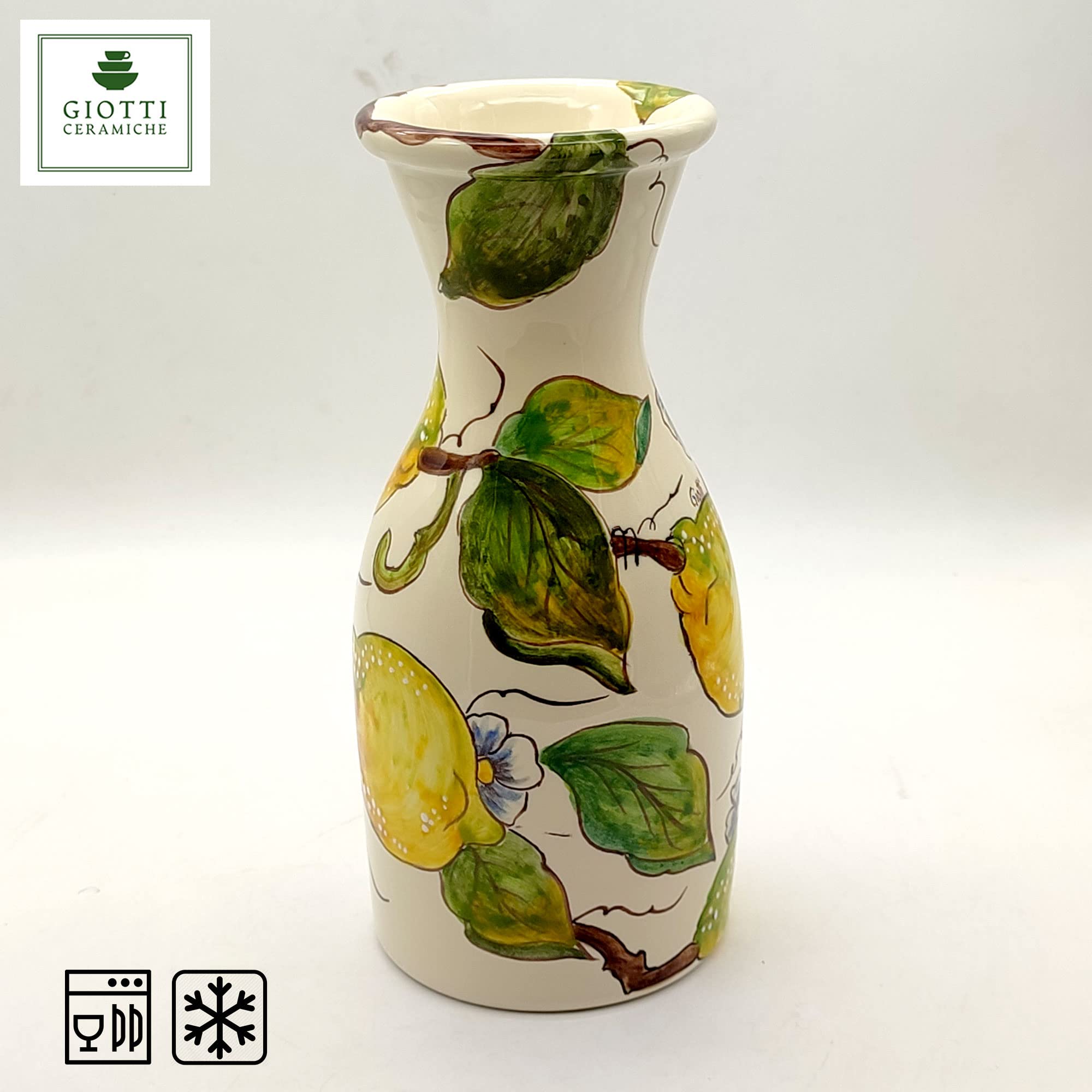 Italian Ceramic Wine Jug with Lemon Design - 16.9 oz Hand-Painted Kitchen Carafe & Utensil Holder - Authentic Tuscan Pottery from Italy - Elegant Home Decor for Wine & Olive Oil Dispenser - Perfect for Rustic Kitchens, Farmhouse Dining, and Gift Giving