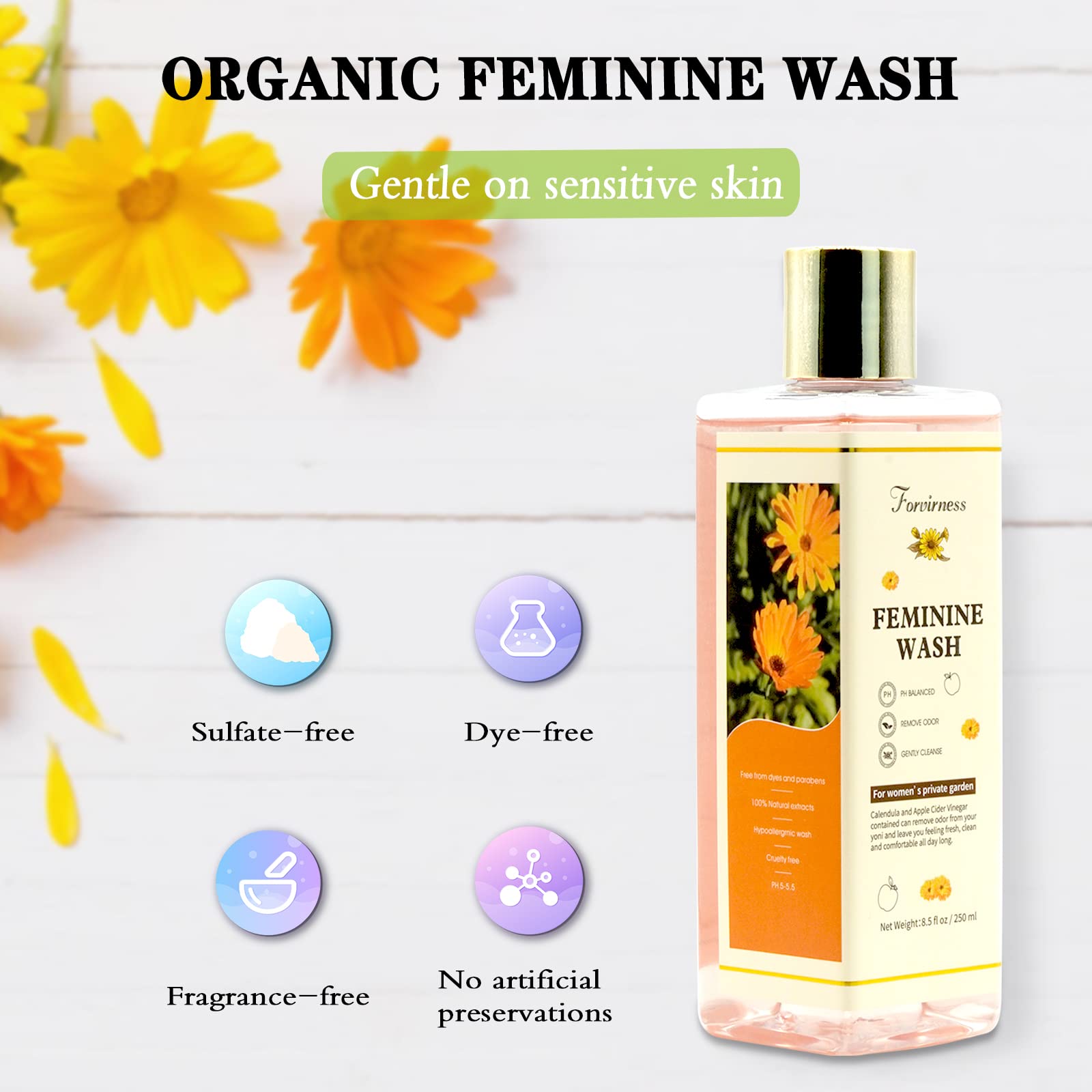 Organic Feminine Wash for Sensitive Skin | pH Balanced Intimate Cleanser with Calendula & Apple Cider Vinegar | Gynecologist Approved Vaginal Wash for Odor Control & Hygiene | 8.5 fl.oz | Perfect for Daily Use, Post-Workout & Travel