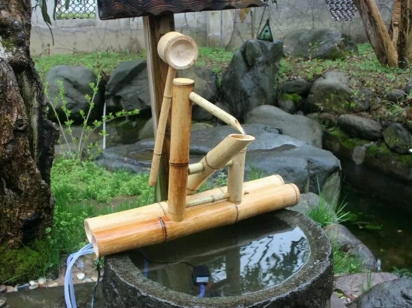 Bamboo Water Feature Fountain with Rocking Pump & Water Wheel - Modern Outdoor Garden Decoration for Patio, Yard, and Zen Relaxation Spaces