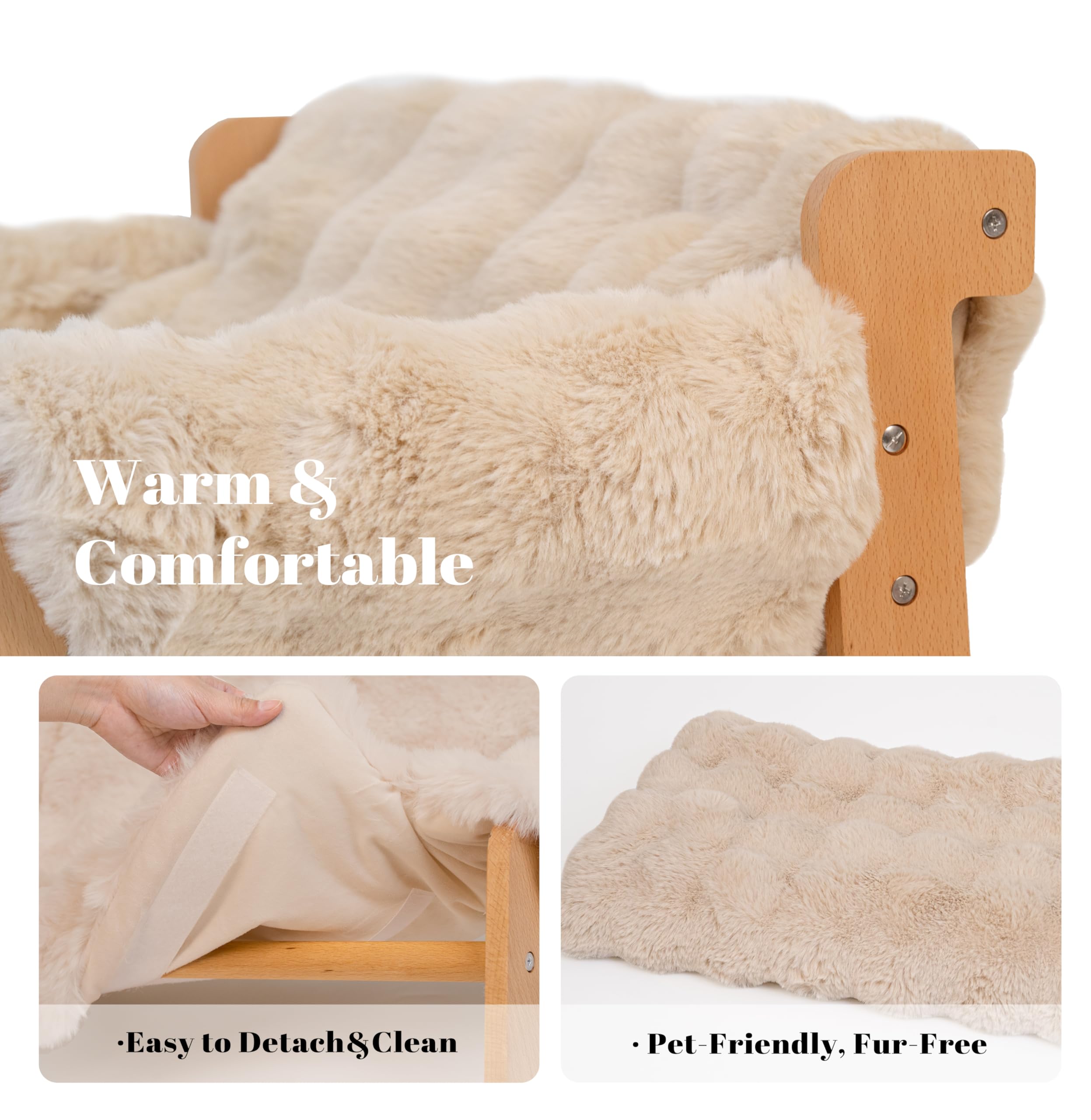 Elevated Cat Couch Bed for Indoor Cats - Fluffy Pet Sofa Recliner with Wooden Frame, Cozy Lounge Chair for Small & Medium Dogs - Perfect for Living Room, Bedroom & Pet Play Areas (Khaki)