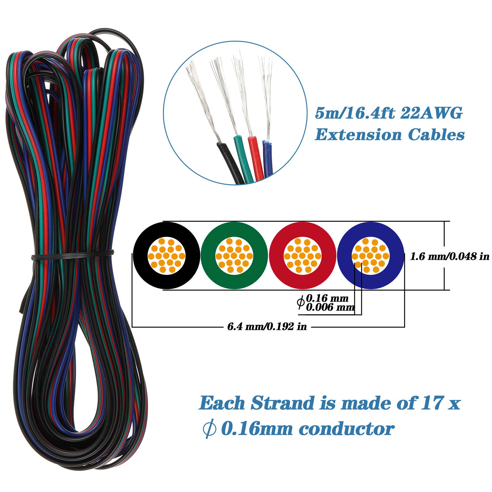 20-Pack 4-Pin Waterproof LED Strip Connectors for 10mm RGB 5050 LED Lights - Includes 2x 16.4ft Extension Cables - Perfect for Home Theater Lighting, Under Cabinet LED Strips, and DIY Lighting Projects