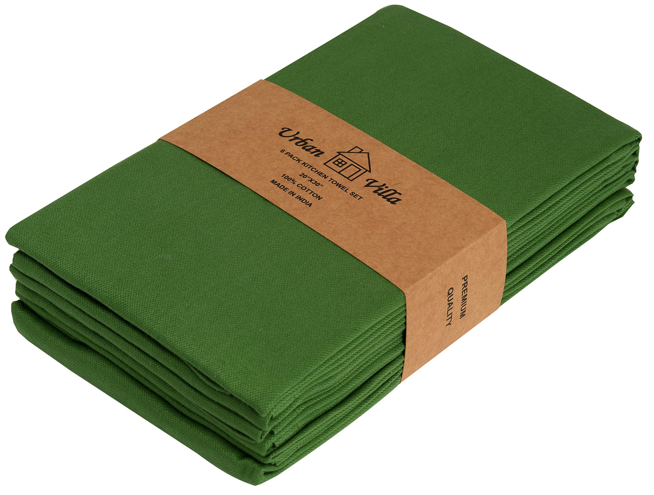 Premium 100% Cotton Kitchen Towels Set of 6 - Ultra Soft & Highly Absorbent 20x30 Inch Green Dish Towels for Cooking, Baking & Cleaning - Eco-Friendly Kitchen Essentials by Urban Villa