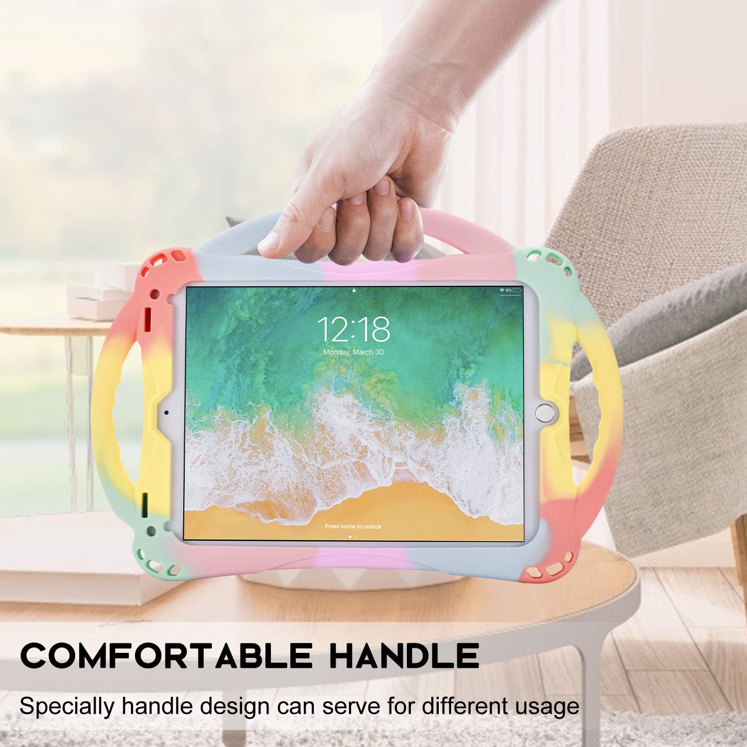 Shockproof Silicone iPad Case for 6th/5th Gen & iPad Air/Air 2 (9.7 inch) - Kids Protective Cover with Built-in Handle Stand & Strap | Perfect for School, Travel & Home Use (Rainbow Color)