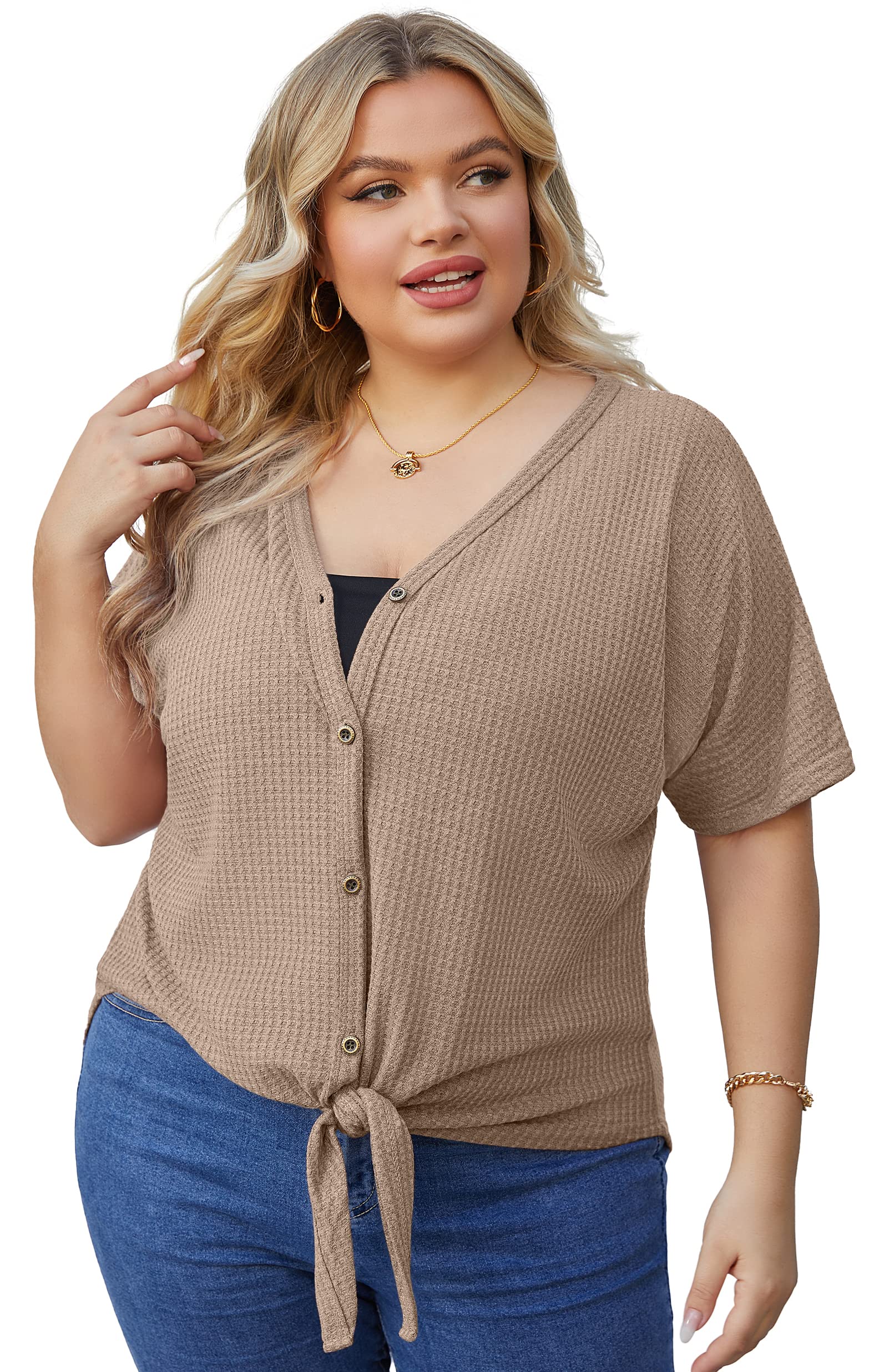 OLRIK Women's Plus Size Short Sleeve V-Neck Waffle Knit Tunic Blouse - Tie Front Button Up T-Shirt for Casual Wear, Office Outfits & Spring Layering