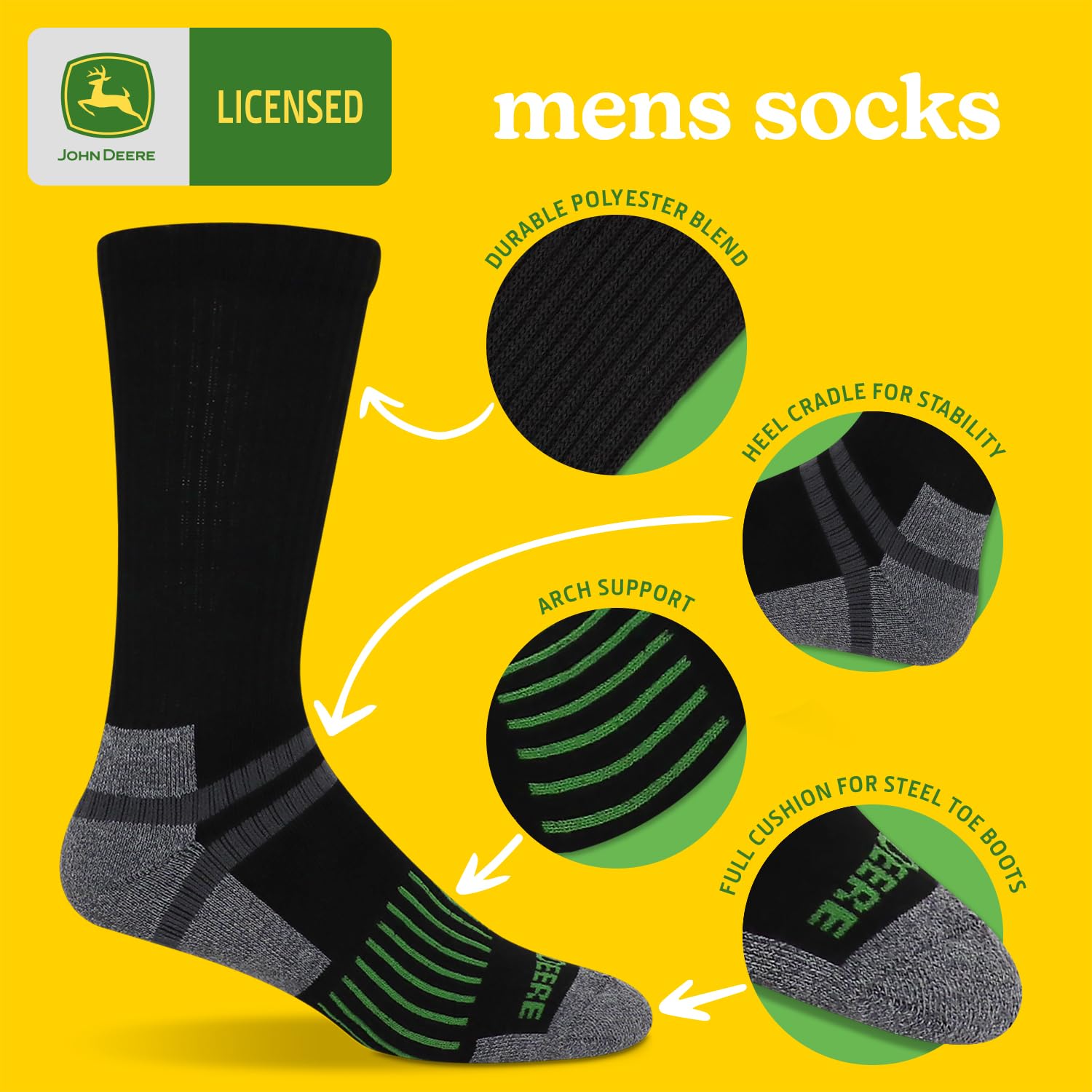 **John Deere 6-Pair Men's Work Socks (Size 8-12) - Durable & Comfortable for Farming, Construction & Outdoor Work**