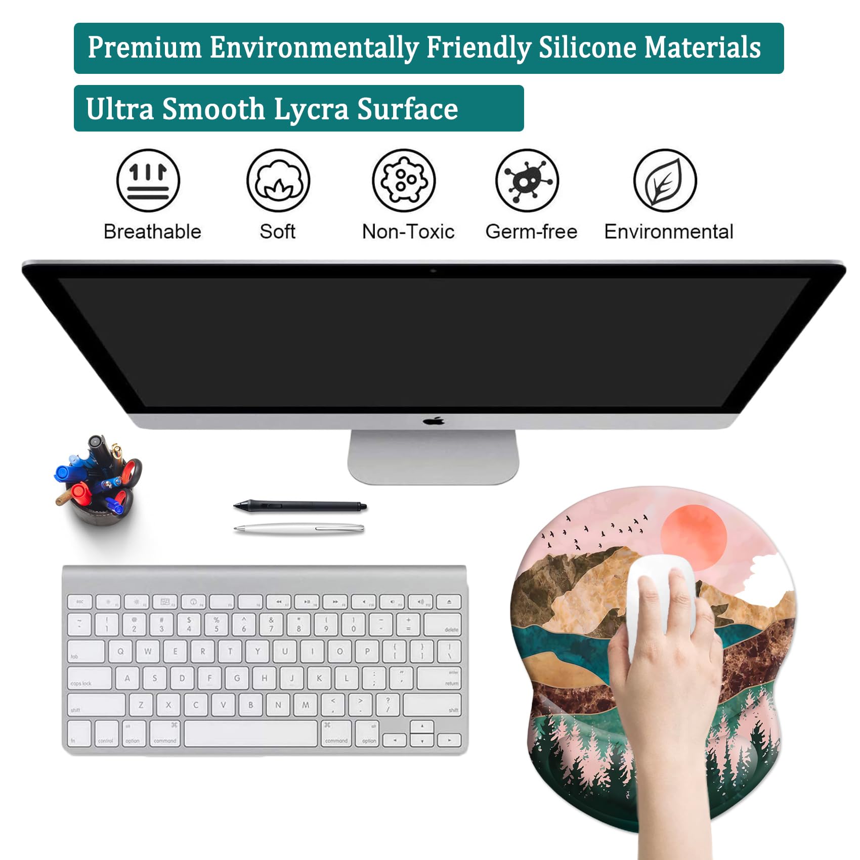 Ergonomic Mouse Pad with Wrist Support - Pain Relief & Non-Slip PU Base for Home Office, Gaming & Studying - Sunset Forest Mountains Design - Perfect for Long Computer Sessions & Comfortable Typing