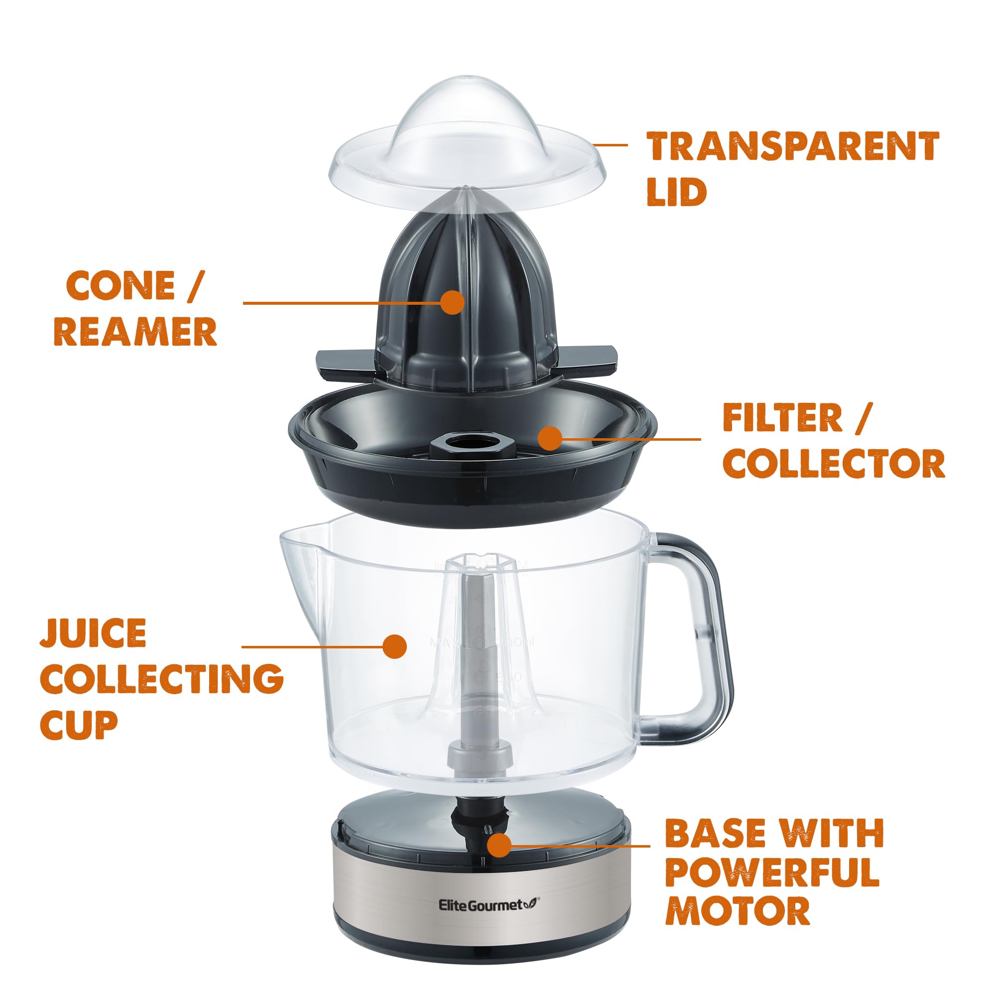 BPA-Free Electric Citrus Juicer - Elite Gourmet ETS623 Compact Juicer for Oranges, Lemons, Limes & Grapefruits with Pulp Control & Easy Pour Spout, 24oz Capacity, Black/Stainless Steel - Perfect for Breakfast, Fresh Juice Bars & Healthy Home Cooking