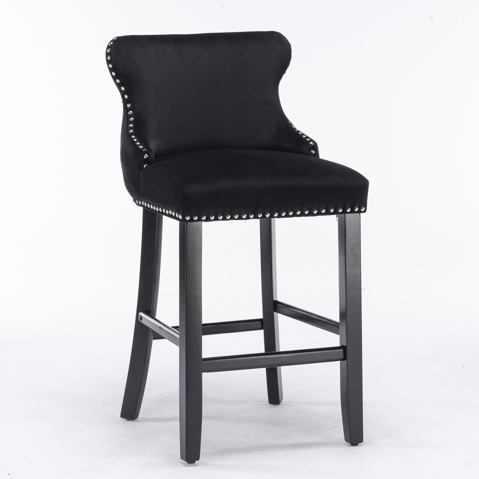 Modern Velvet Upholstered Wingback Bar Stools with Button Tufting & Wooden Legs - Set of 4 Black Bar Chairs with Chrome Nailhead Trim for Kitchen Island, Home Bar & Dining Room Decor - SW1824BK