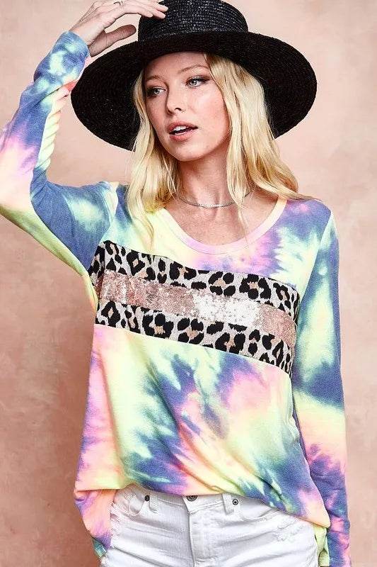 BiBi Tie Dye Deep U Neck Top with Leopard Print & Sequins - Trendy Women's Fashion Top for Parties, Night Out & Festival Wear