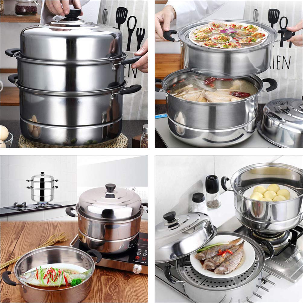 DOITOOL 3-Layer Stainless Steel Steamer Pot Set - Stackable Kitchen Cookware for Healthy Cooking | Perfect for Steaming Vegetables, Seafood & Dumplings
