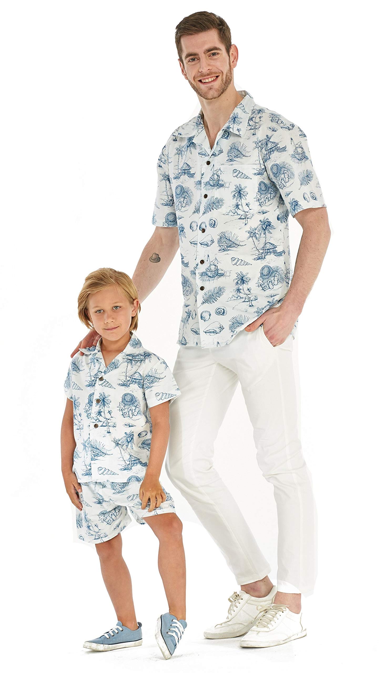 **Matching Father and Son Hawaiian Luau Outfit – Men's Aloha Shirt & Boys' Flamingo Shirt with Shorts – Classic White Tropical Summer Beachwear for Family Vacation, Luau Party, and Photo Shoots**