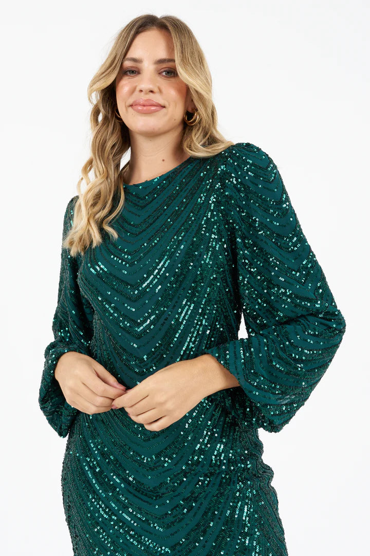 Kia Green Sequin Party Dress with Elegant Pattern - Perfect for Evening Events, Prom, and Special Occasions