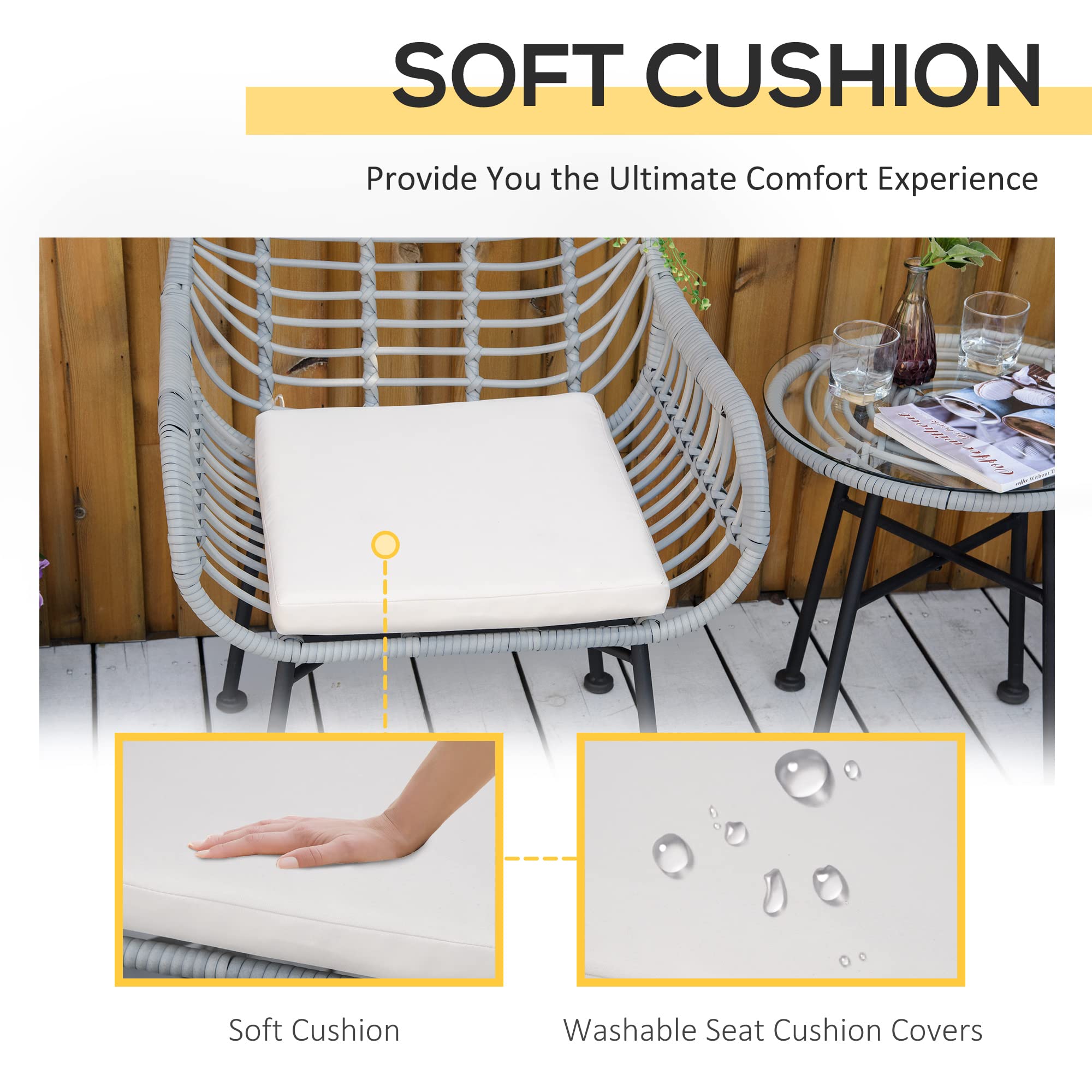 Outsunny 3-Piece Patio Set - PE Rattan Wicker Bistro Table & Chairs with Cushions & Tempered Glass Top | Modern Hand-Woven Outdoor Furniture for Garden, Porch, Poolside & Backyard | Cream White Patio Dining Set for Relaxing & Entertaining