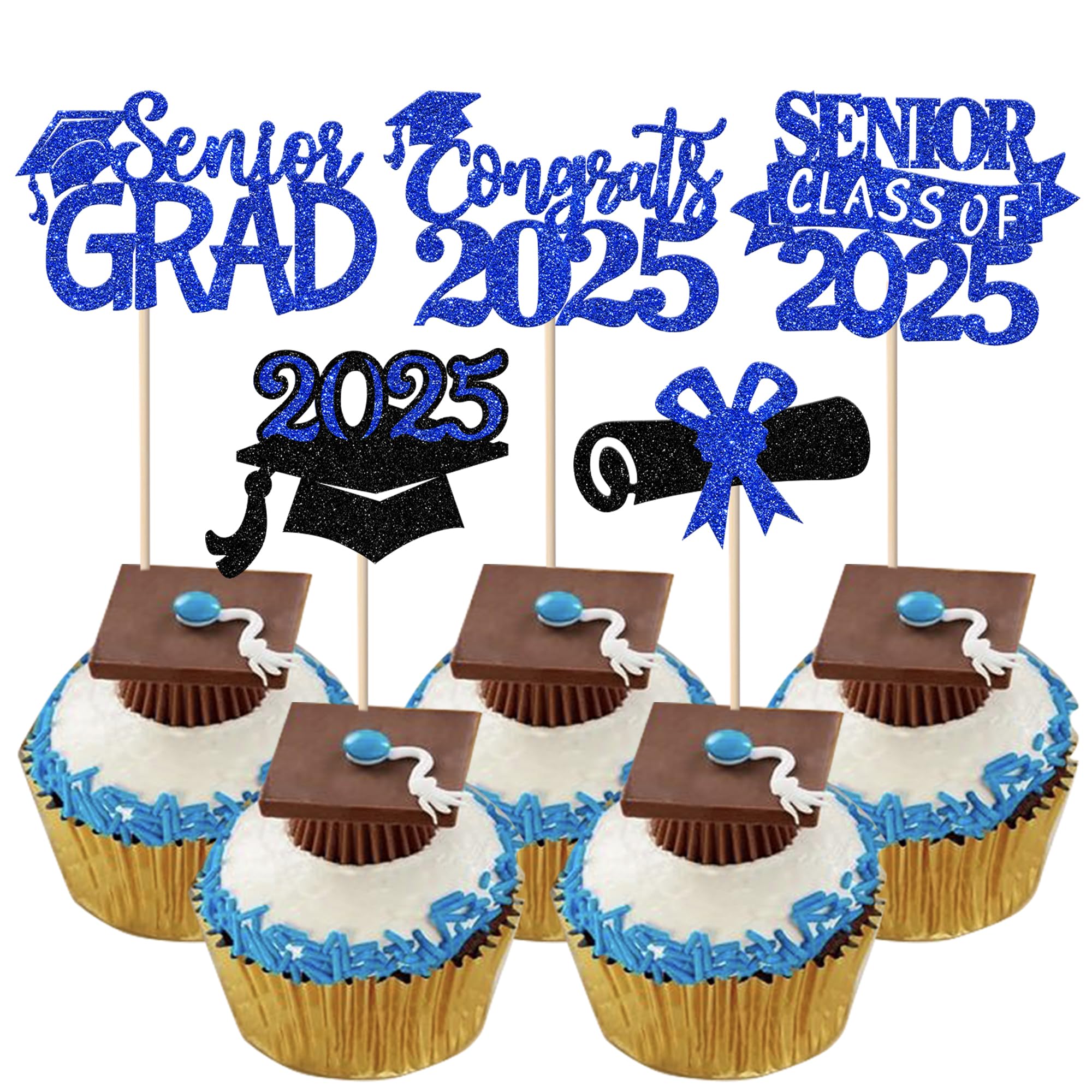 30 Pack Graduation 2025 Cupcake Toppers - Glitter Senior Class of 2025 Cake Decorations - Diploma Cupcake Picks for Graduation Party Supplies (Blue) - Perfect for High School & College Graduation Celebrations