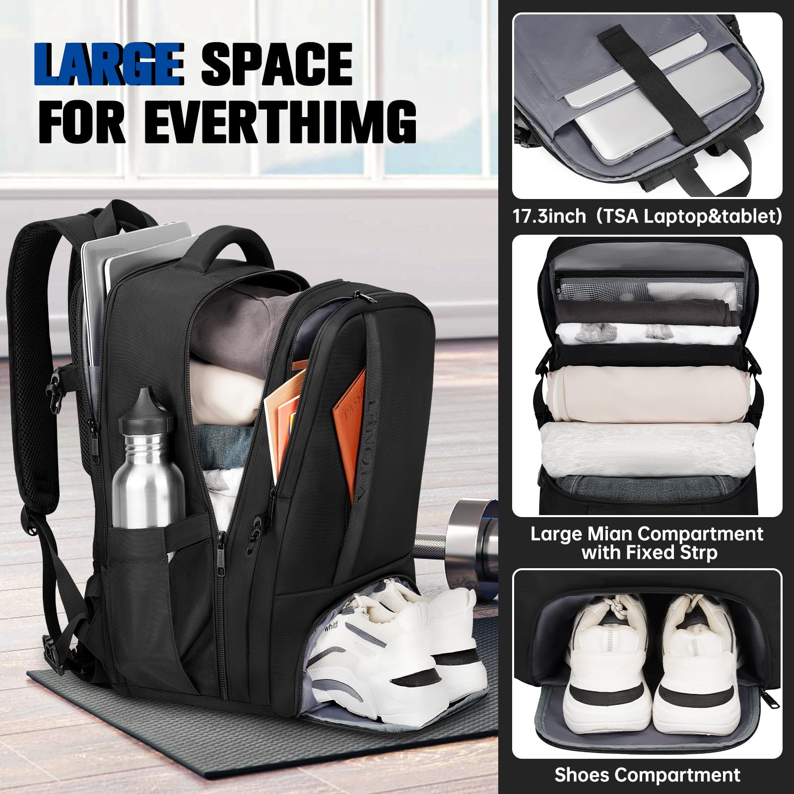 Ytonet Large Gym Backpack for Men & Women - 17.3 Inch Laptop Travel Backpack, TSA Approved Carry On Bag for Workout, Sports, Business Travel & Daily Commute - Durable Black Sports Backpack for Gym, Office & Airplane Use
