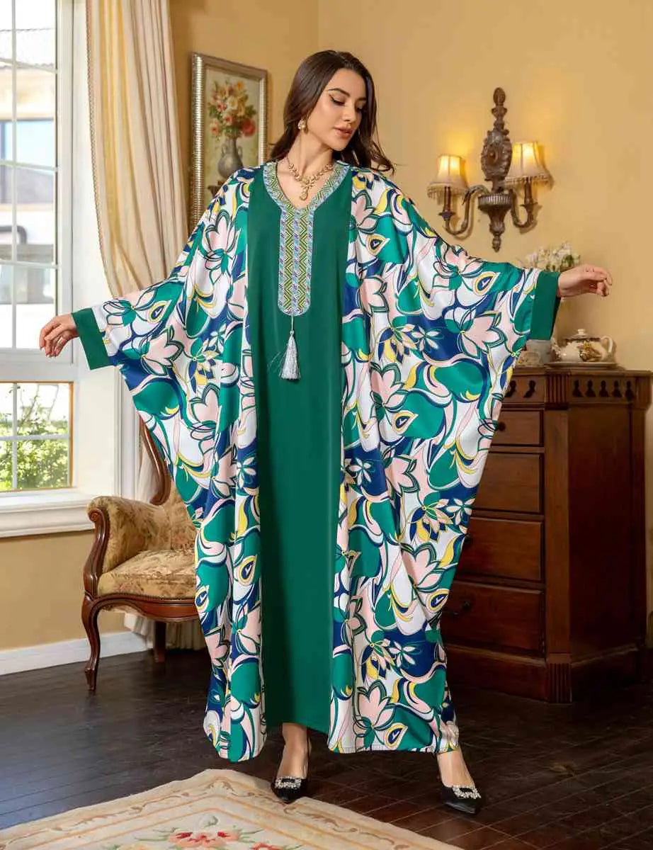 Elegant Eid Dress with Batwing Sleeves & Rhinestone Embellishments - Farasha Caftan Kaftan Jalabiya Dress for Women | Perfect for Eid Celebrations, Weddings & Special Occasions