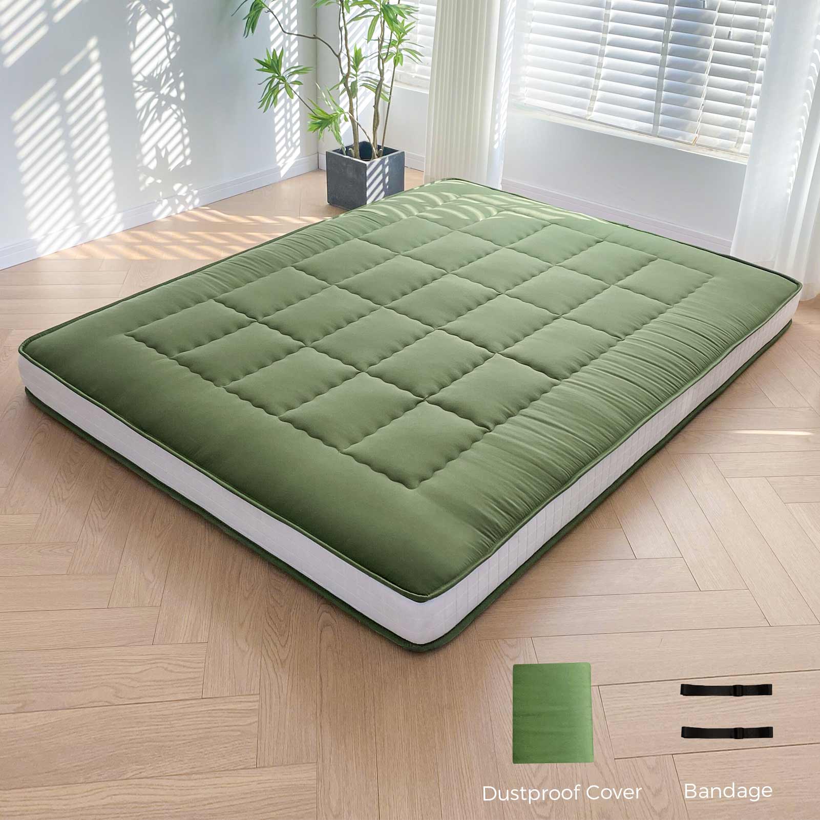 MAXYOYO 6-Inch Extra Thick Japanese Floor Futon Mattress - Premium Diamond Quilting Design for Bedroom, Guest Room & Small Spaces - Green (Queen Size) | Ideal for Apartments, Dorms, Sleepovers & Minimalist Living