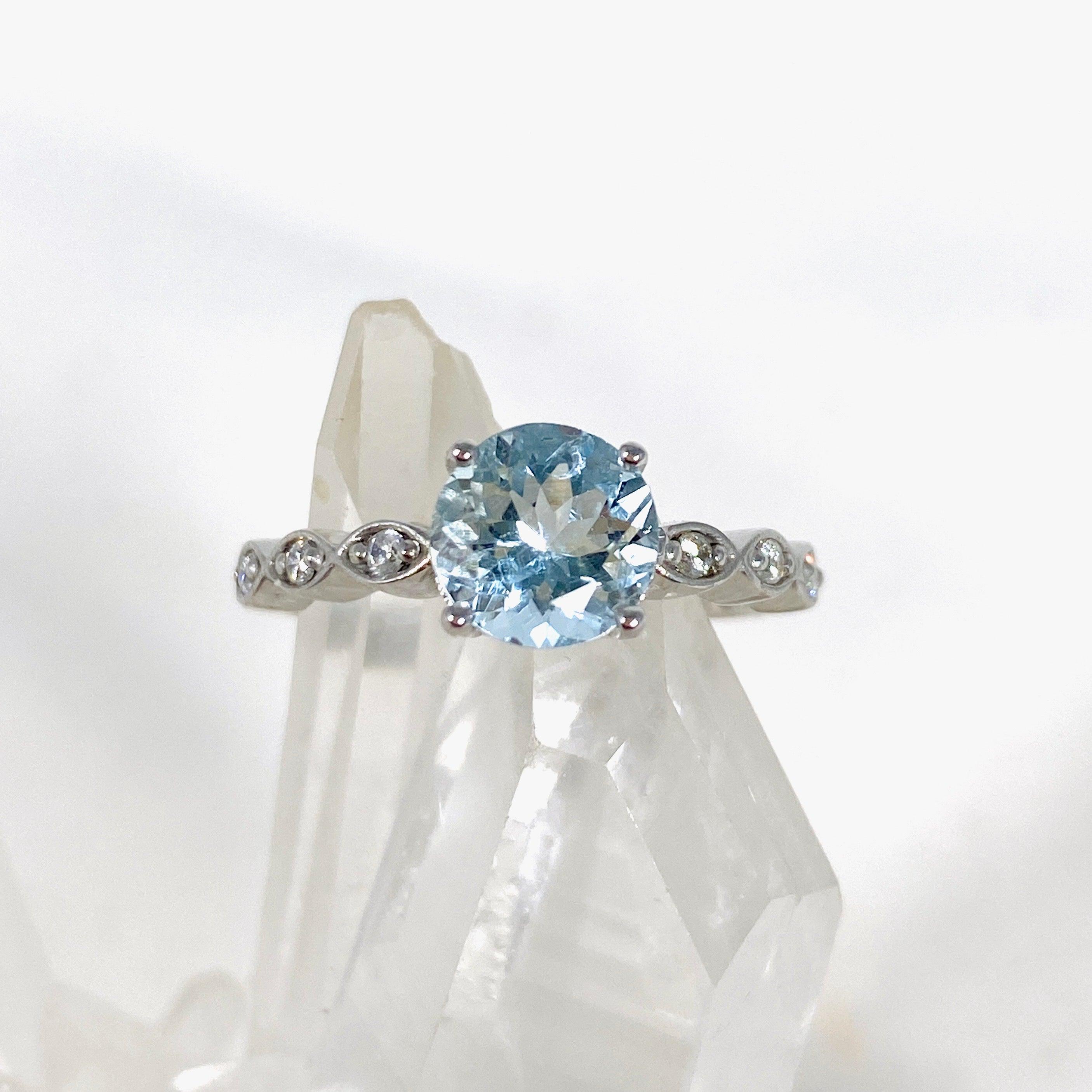 Aquamarine Oval Faceted Sterling Silver Ring with Cubic Zirconia - Size 6 - Perfect for Engagement, Wedding & Everyday Elegance
