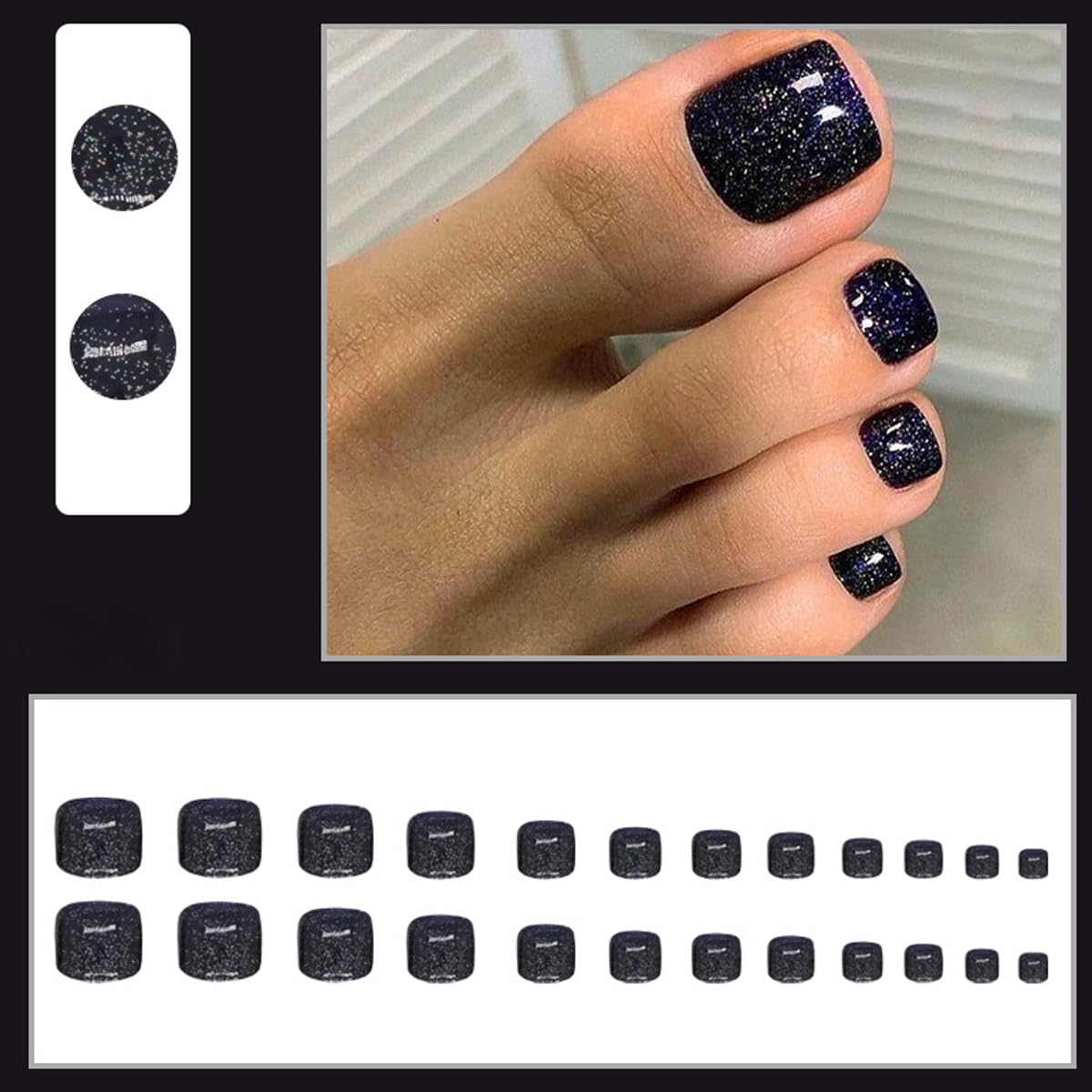 Bling Black Press on Toenails for Women - Glitter Fake Toe Nails | Acrylic Full Cover Artificial Nails | Square Glue on Toenails for Wedding, Parties & Special Occasions | KLD878