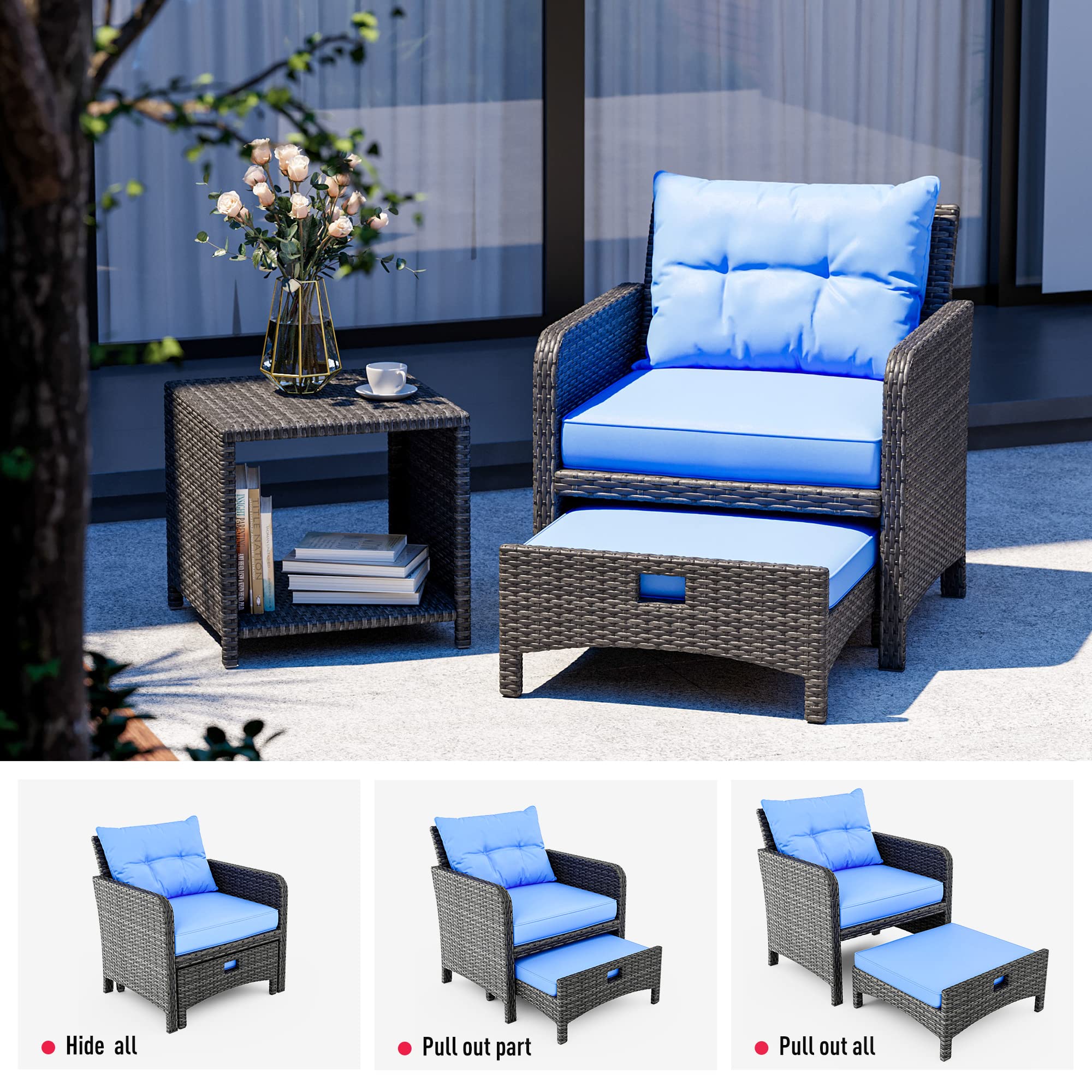 Pamapic 5-Piece Wicker Patio Furniture Set - Outdoor Rattan Chairs with Ottomans & Coffee Table - Blue Cushion & Black Wicker - Perfect for Porch, Garden, Balcony, Backyard, and Poolside Relaxation