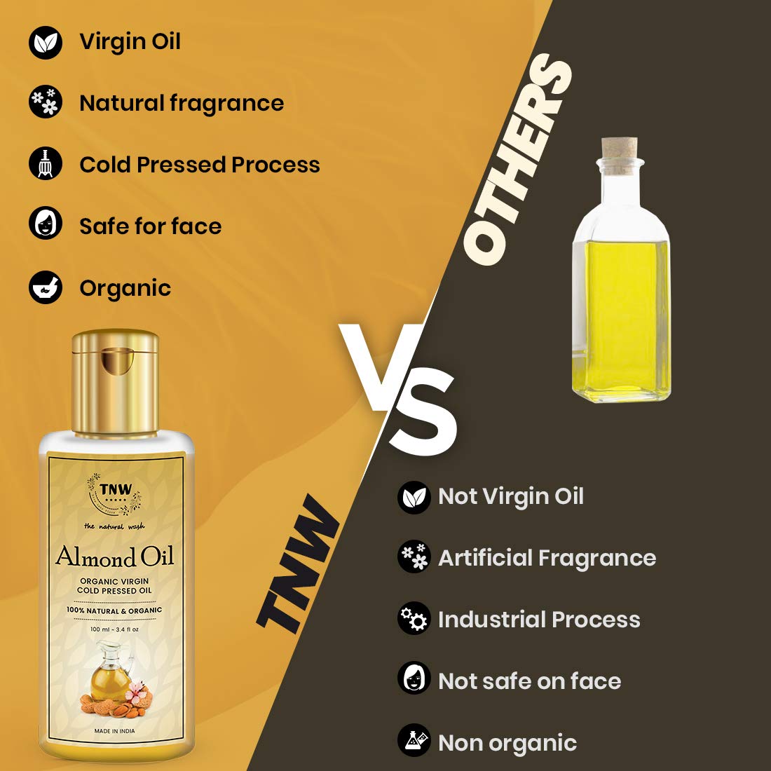Pure Organic Virgin Cold-Pressed Almond Oil 100ml with Vitamin E - Natural Badam Tail for Face, Skin & Hair Care - Best for Dry Skin, Frizzy Hair & Baby Massage - Perfect for Daily Moisturizing, Aromatherapy & Spa Treatments