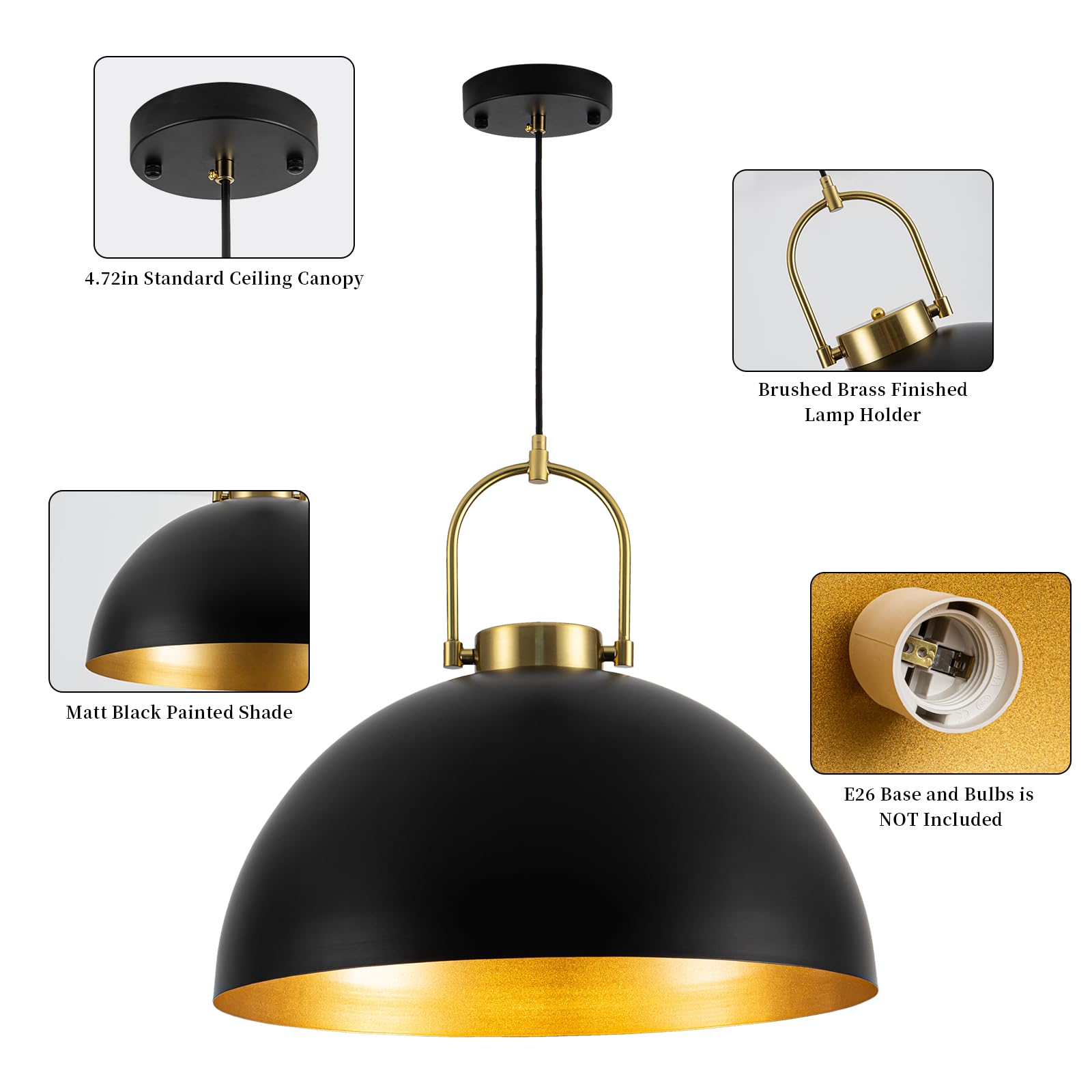 Black Industrial Pendant Light Fixtures - Large Dome Chandelier, Modern Space-Saving Hanging Lamp (19.69 Inch) for Kitchen Island, Dining Room, Living Room & Hallway | Perfect for Farmhouse, Loft & Contemporary Home Decor