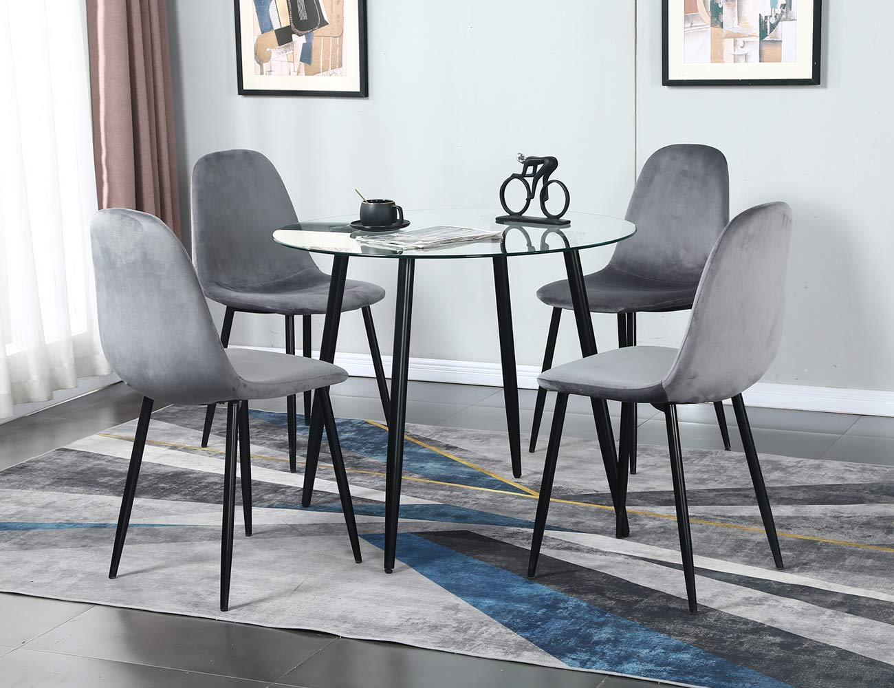 Modern Round Glass Dining Table Set for 4 - Space-Saving Small Kitchen Table & Chairs Set in Deep Grey - Perfect for Apartments, Breakfast Nooks & Cozy Dining Areas