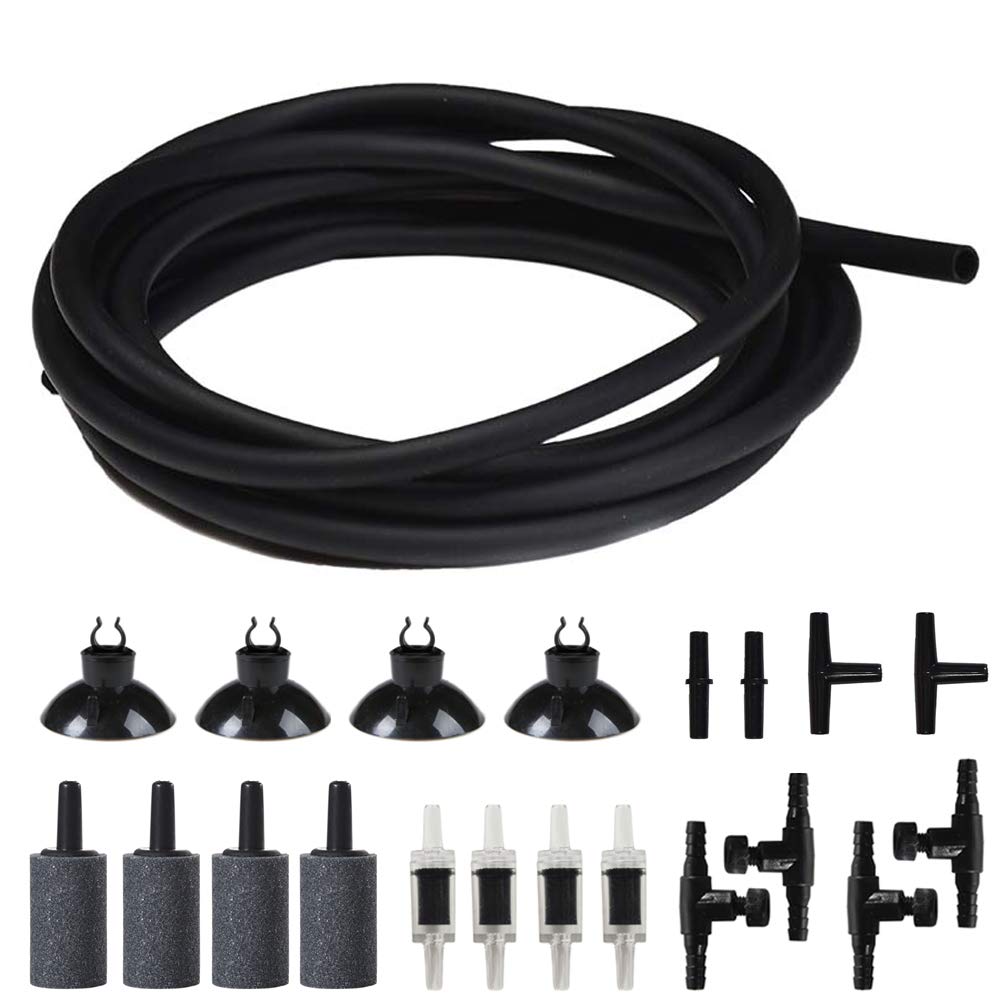 JIH Aquarium Air Pump Accessories Set - 25 Feet Black Airline Tubing, Air Stones, Check Valves, Suction Cups & Connectors for Fish Tank, Hydroponics & Oxygenation Systems - Perfect for Home Aquariums, Pond Aeration & Indoor Gardening