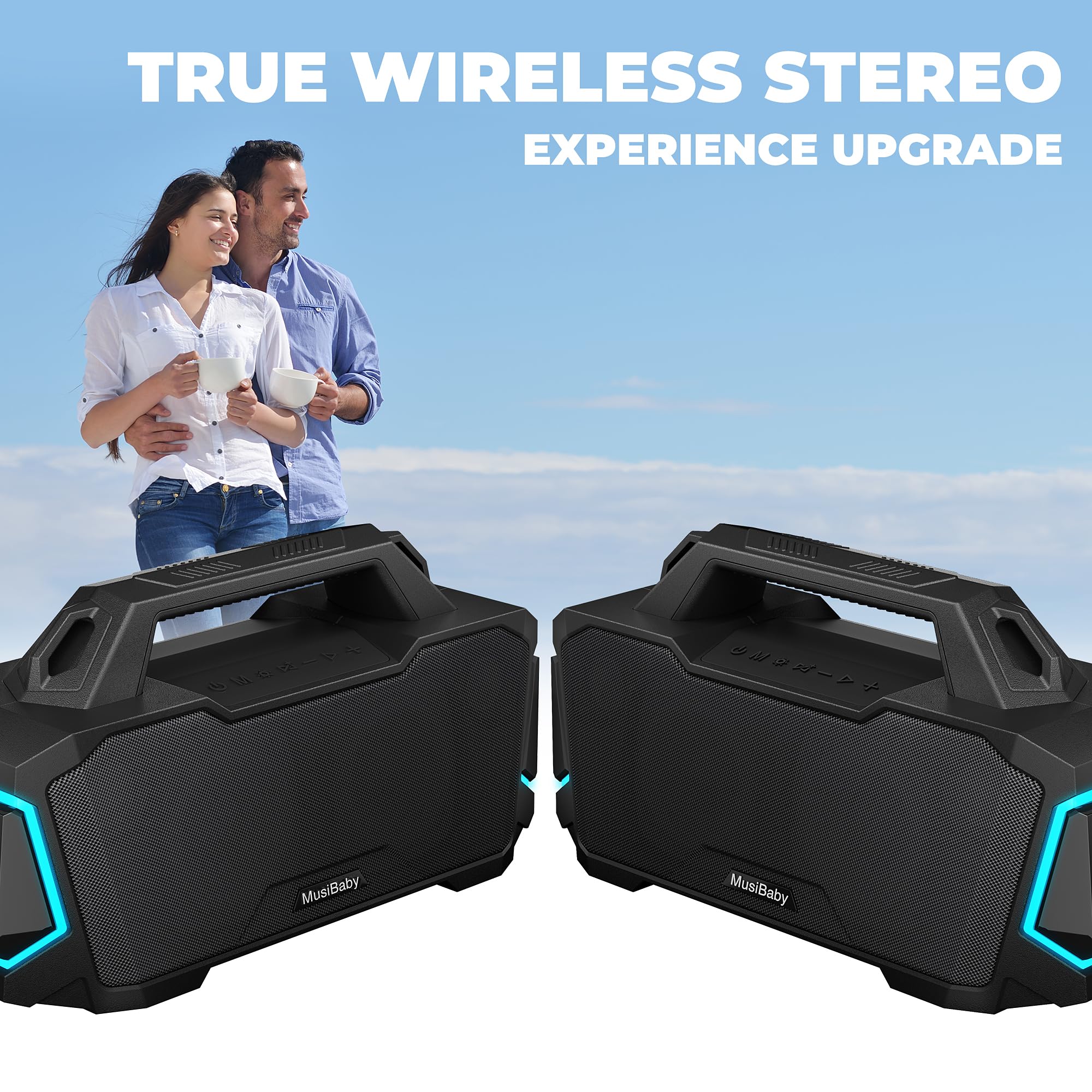 MUSIBABY M1 80W Bluetooth Speaker - IPX6 Waterproof, 20H Playtime, Deep Bass, Wireless Portable Speaker with Dual Pairing & AUX Input - Compatible with iPhone/Android (Black) - Perfect for Outdoor, Party, Camping, Beach & Travel Use