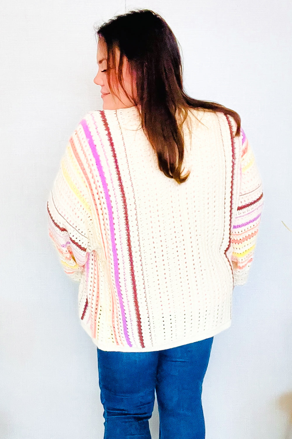 Easy Living Oatmeal Multicolor Stripe Dolman Crochet Cardigan Sweater - Cozy Boho Chic Knitwear for Women | Perfect for Fall Layering, Coffee Dates & Casual Outings