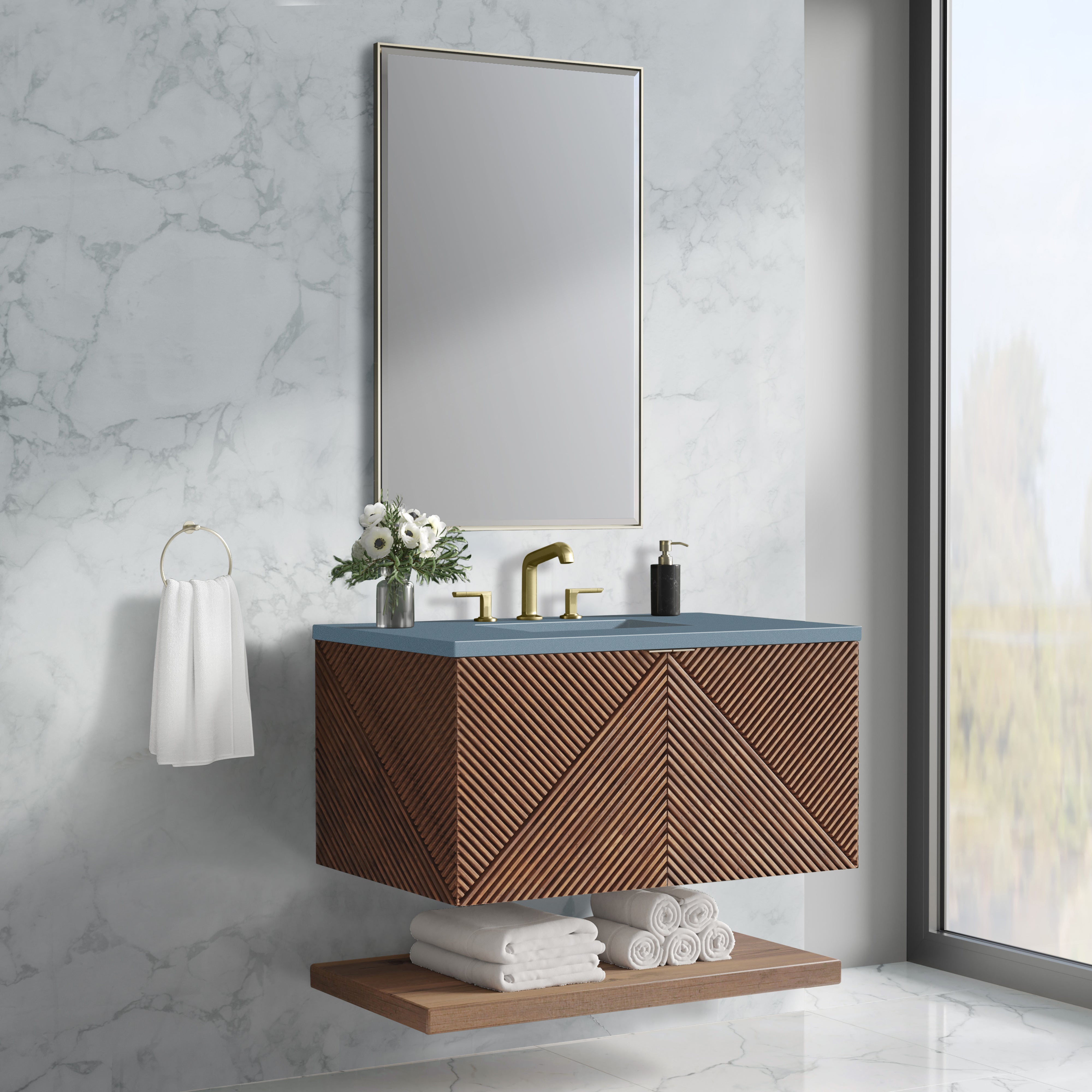 Marcello 36 Inch Single Bathroom Vanity with Chestnut Finish & 3CM Calacatta Blue Quartz Top - Perfect for Modern Master Bathrooms & Powder Rooms